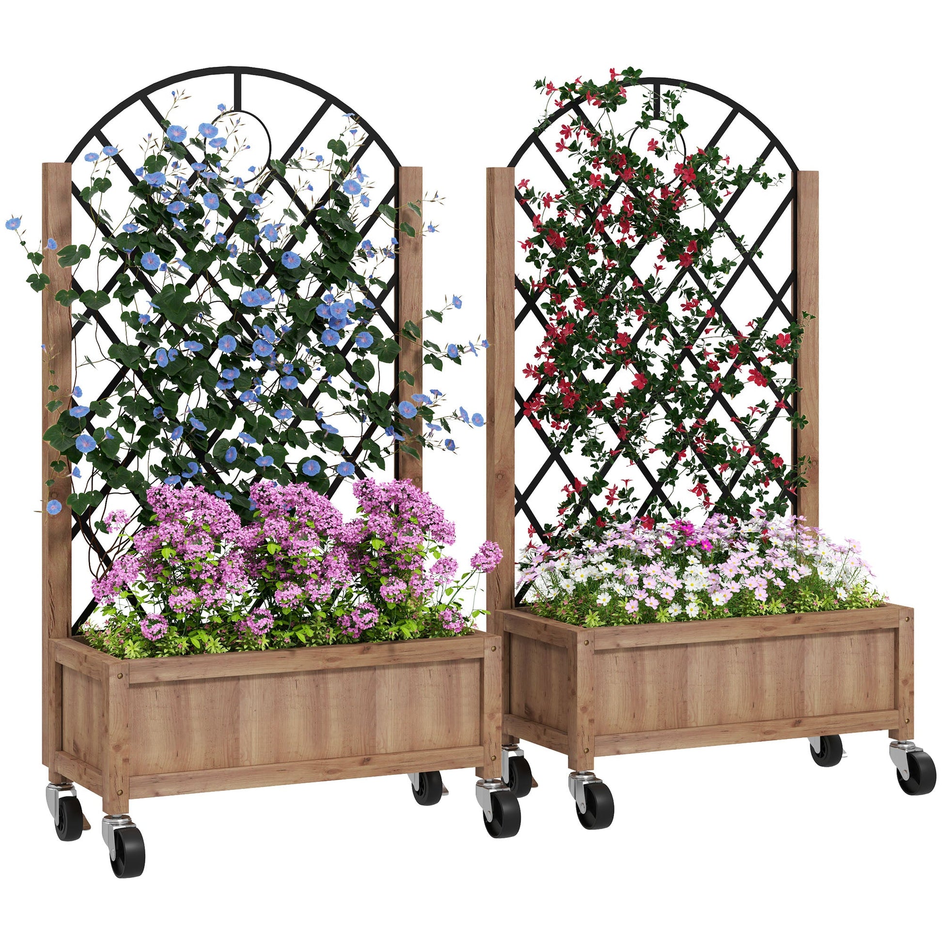 Raised Garden Bed with Metal Trellis, Pack of 2 Wooden Elevated Planter Box with Wheels and Drainage Holes, Outdoor Raised Planter for Climbing Plants, Flowers, Brown