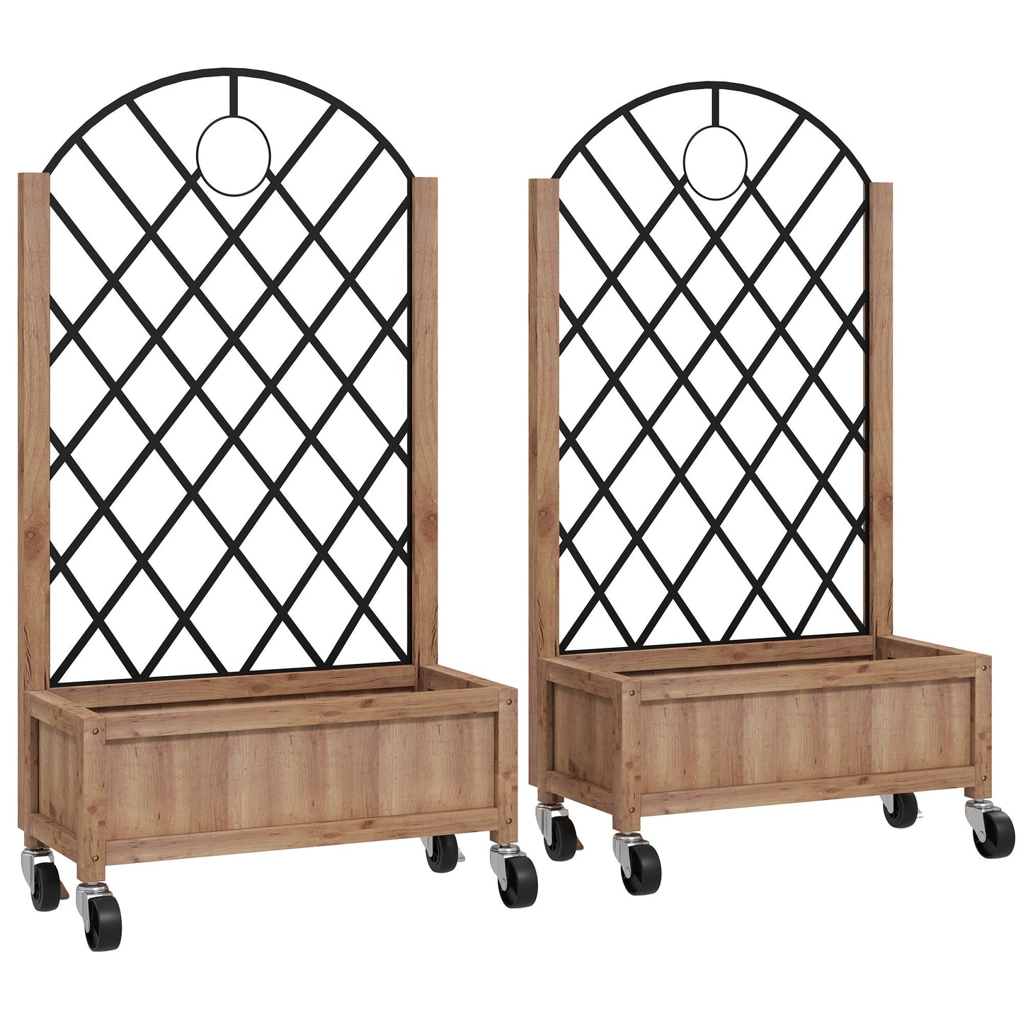 Raised Garden Bed with Metal Trellis, Pack of 2 Wooden Elevated Planter Box with Wheels and Drainage Holes, Outdoor Raised Planter for Climbing Plants, Flowers, Brown
