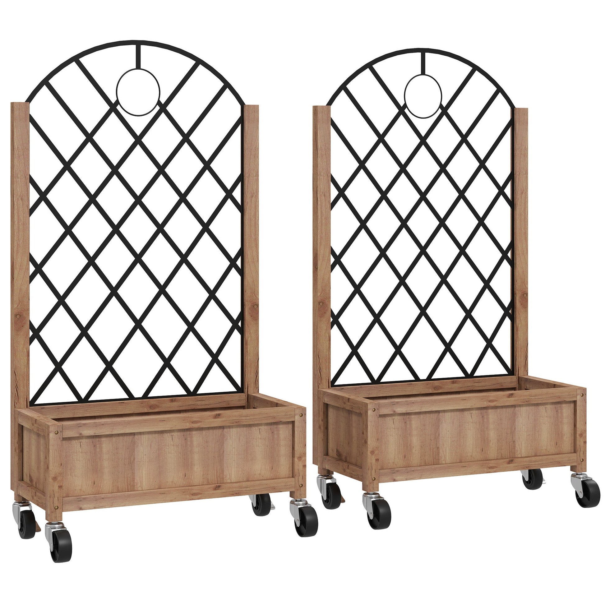 Raised Garden Bed with Metal Trellis, Pack of 2 Wooden Elevated Planter Box with Wheels and Drainage Holes, Outdoor Raised Planter for Climbing Plants, Flowers, Brown