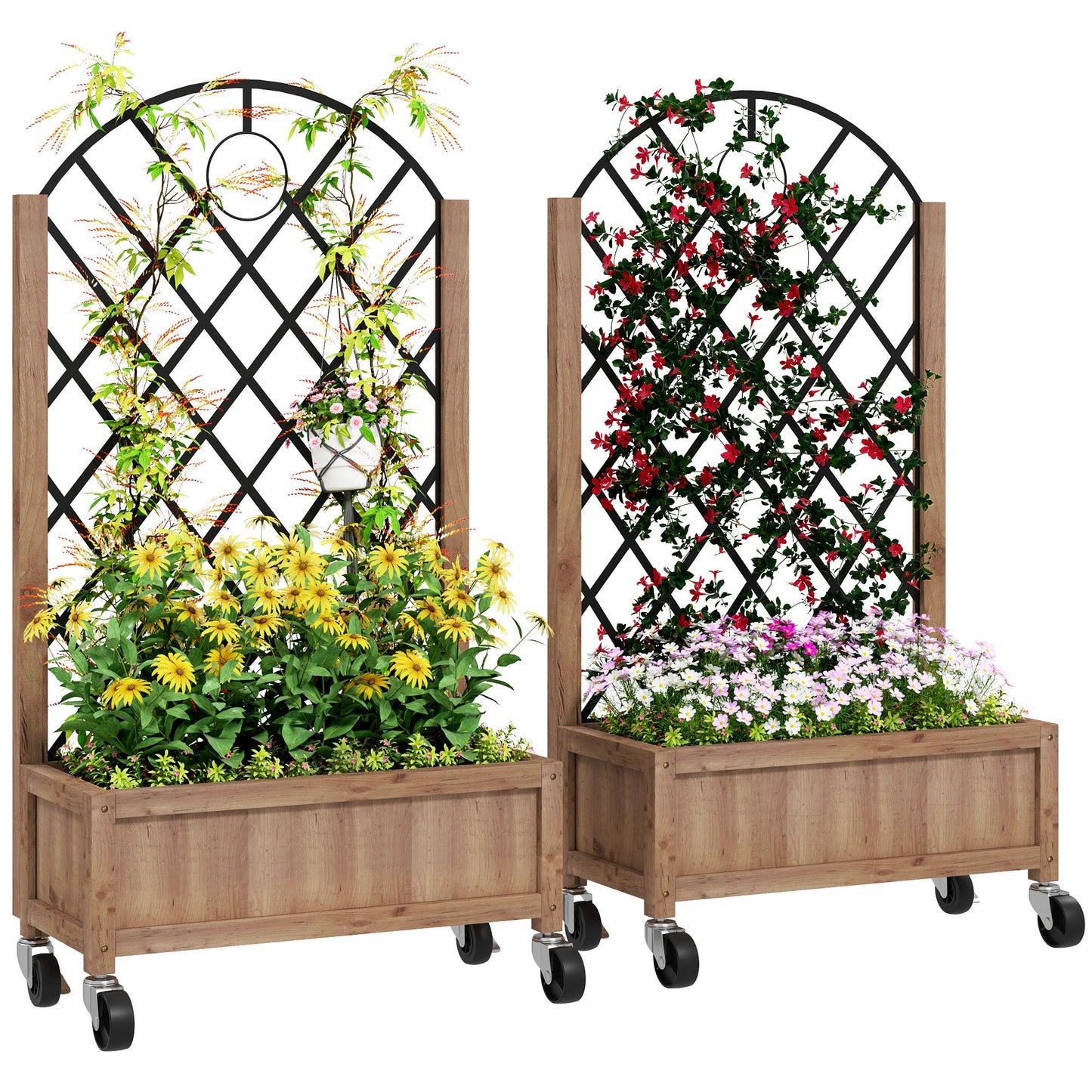 Raised Garden Bed with Metal Trellis, Pack of 2 Wooden Elevated Planter Box with Wheels and Drainage Holes, Outdoor Raised Planter for Climbing Plants, Flowers, Brown