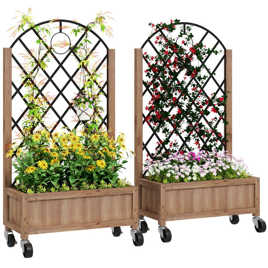 Raised Garden Bed with Metal Trellis, Pack of 2 Wooden Elevated Planter Box with Wheels and Drainage Holes, Outdoor Raised Planter for Climbing Plants, Flowers, Brown