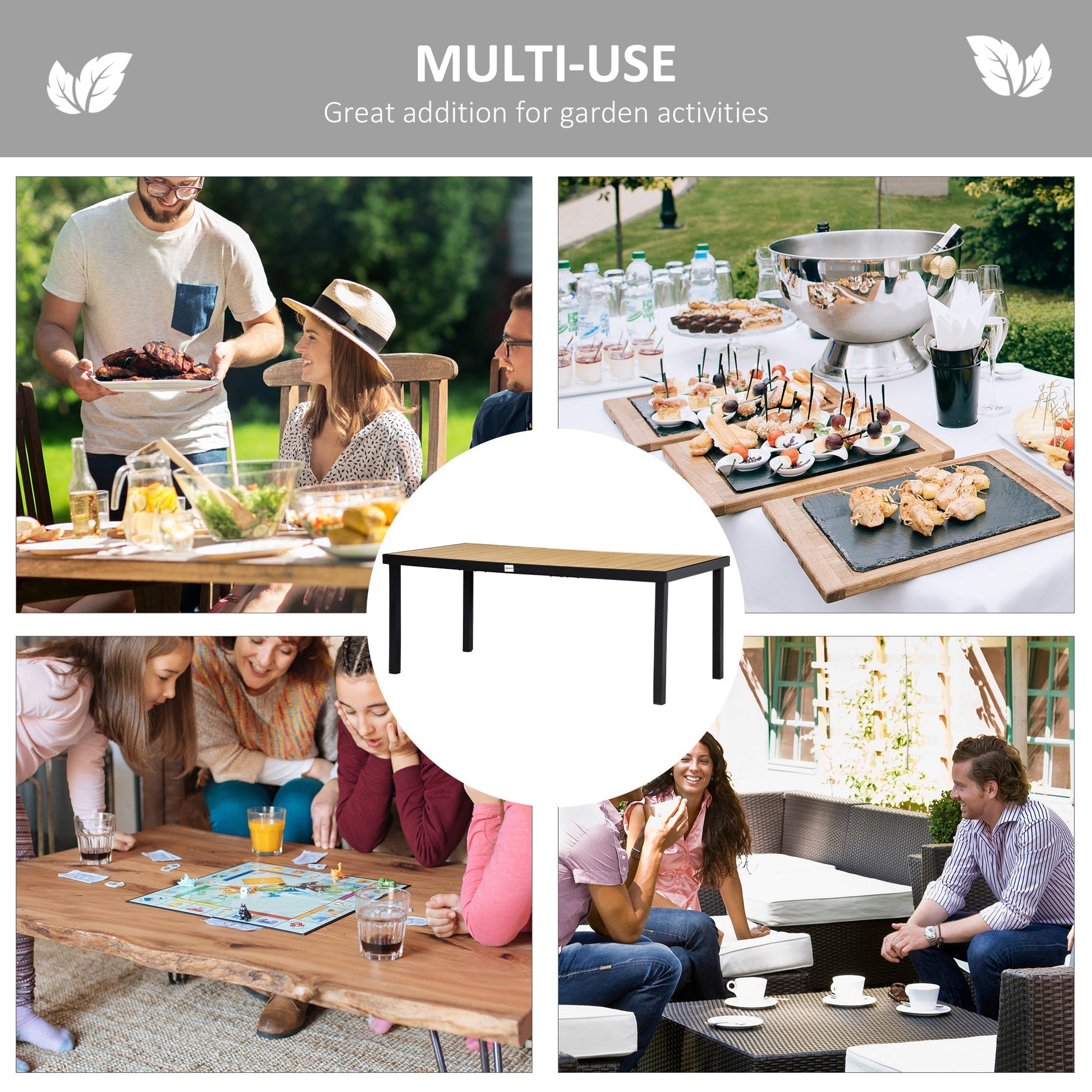 75" x 35" Outdoor Dining Table for 8 People, Rectangular Aluminum Frame Garden Table with All-Weather Faux Wood Top for Garden, Lawn, Patio, Natural