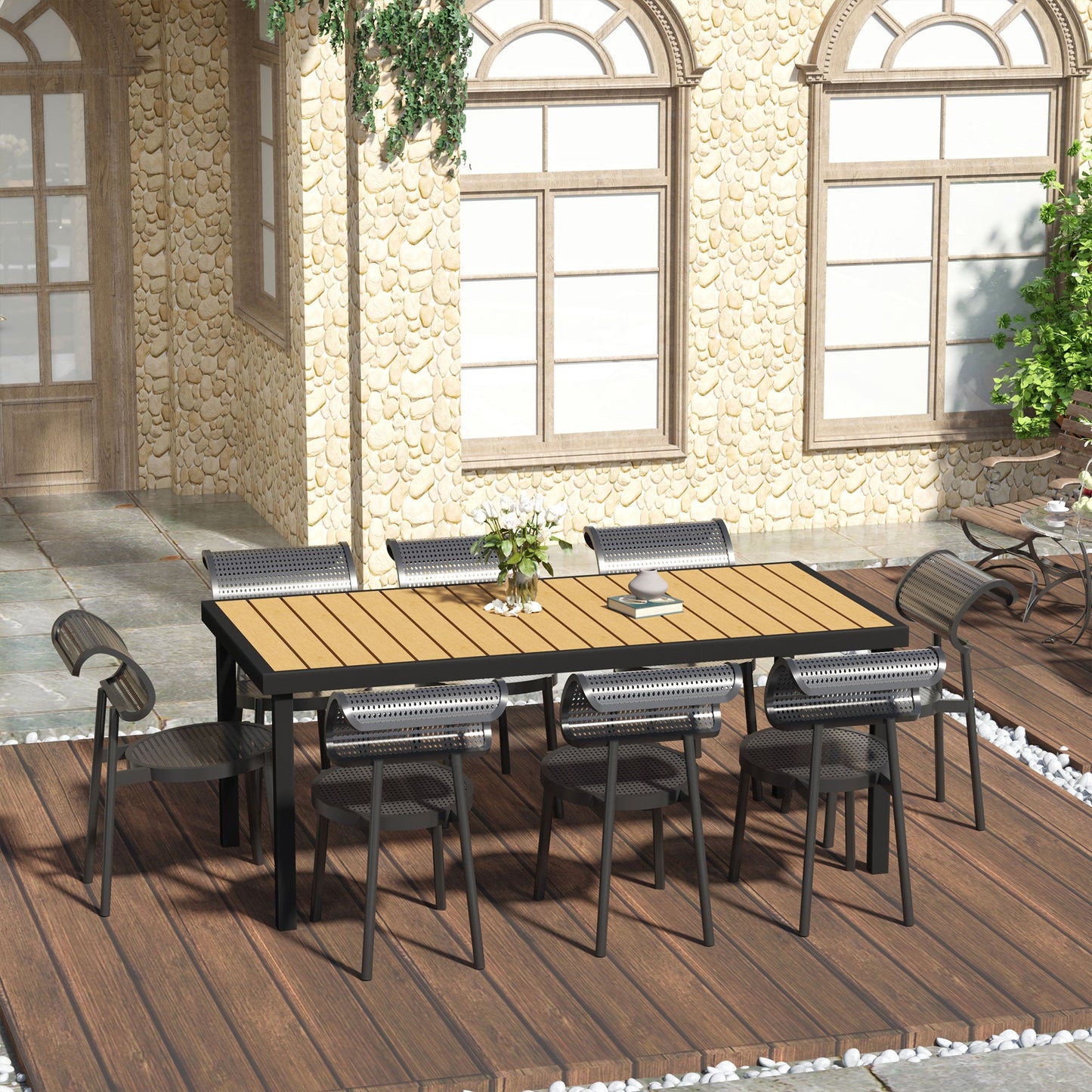 75" x 35" Outdoor Dining Table for 8 People, Rectangular Aluminum Frame Garden Table with All-Weather Faux Wood Top for Garden, Lawn, Patio, Natural