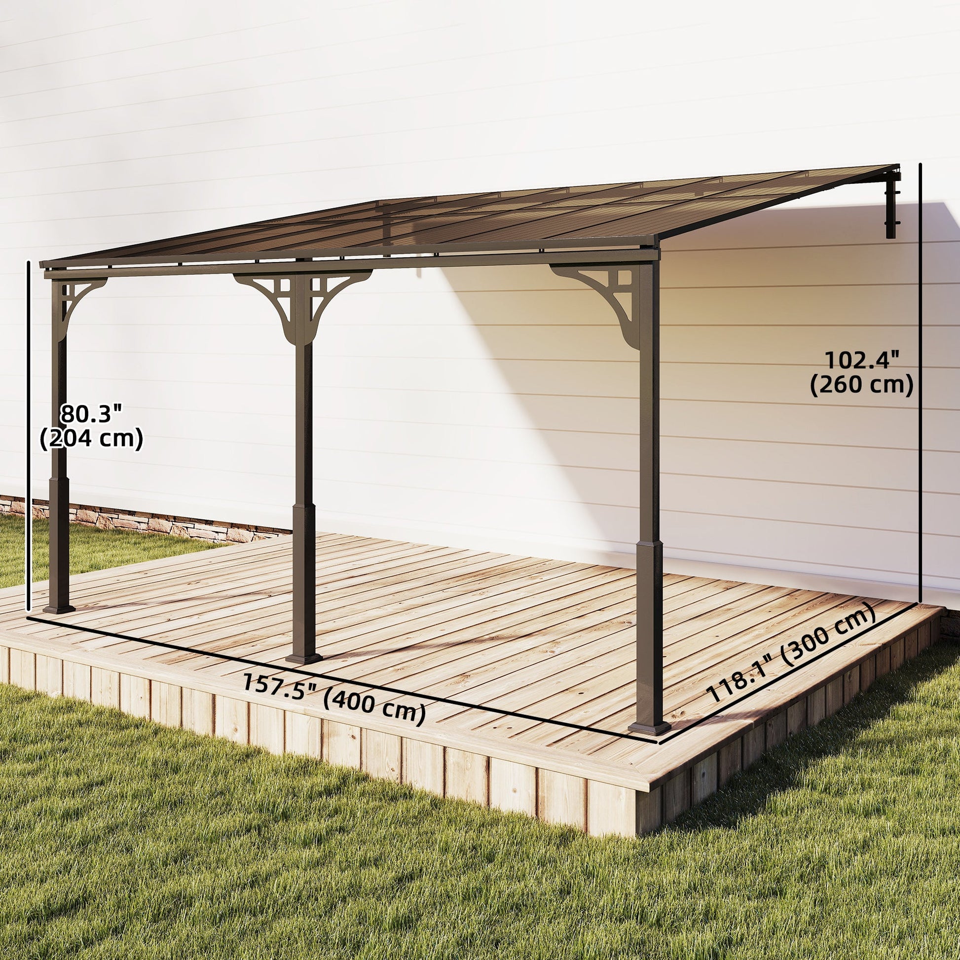 13' x 10' Lean to Gazebo, Hardtop Wall Mounted Outdoor Pergola with Polycarbonate Roof and Metal-Aluminium Frame, Heavy Duty Metal Pergola for Patio Deck Backyard, Brown