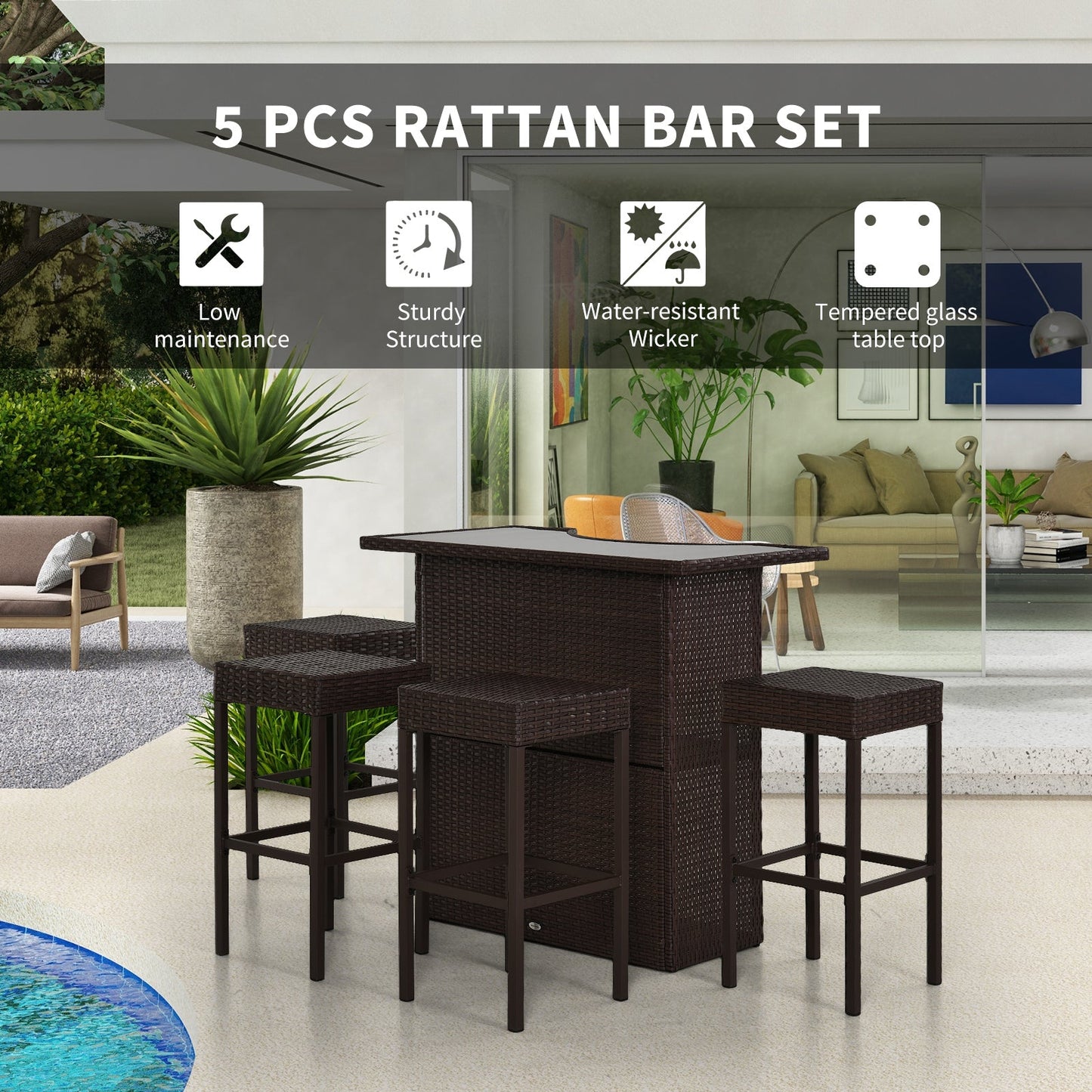 5 Pieces Patio Bar Set, Outdoor PE Rattan Wicker High Top Outdoor Table and Chairs Outdoor Bar Set with Tempered Glass Top Bar Table and Shelves, 4 Bar Chairs, Dark Brown