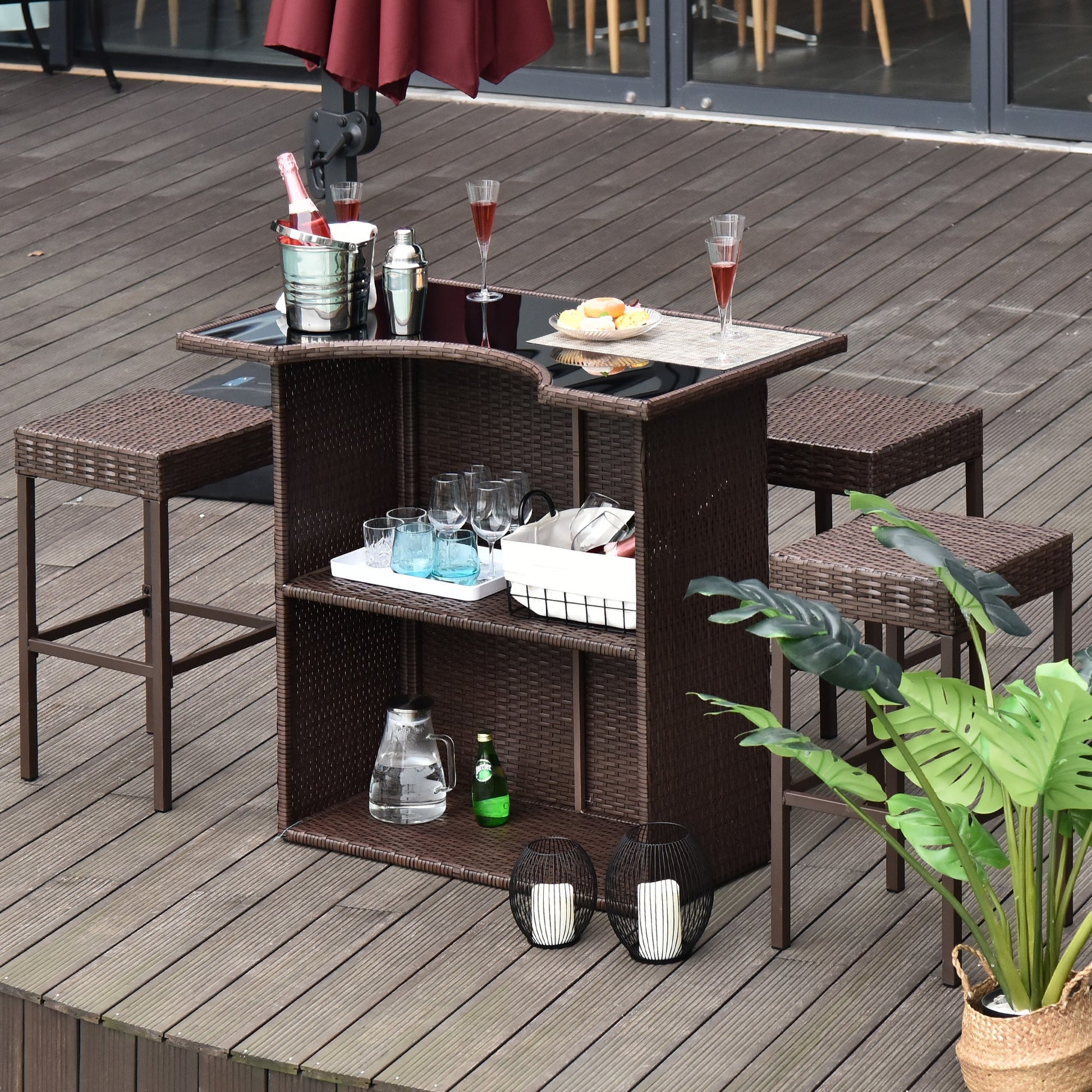 5 Pieces Patio Bar Set, Outdoor PE Rattan Wicker High Top Outdoor Table and Chairs Outdoor Bar Set with Tempered Glass Top Bar Table and Shelves, 4 Bar Chairs, Dark Brown