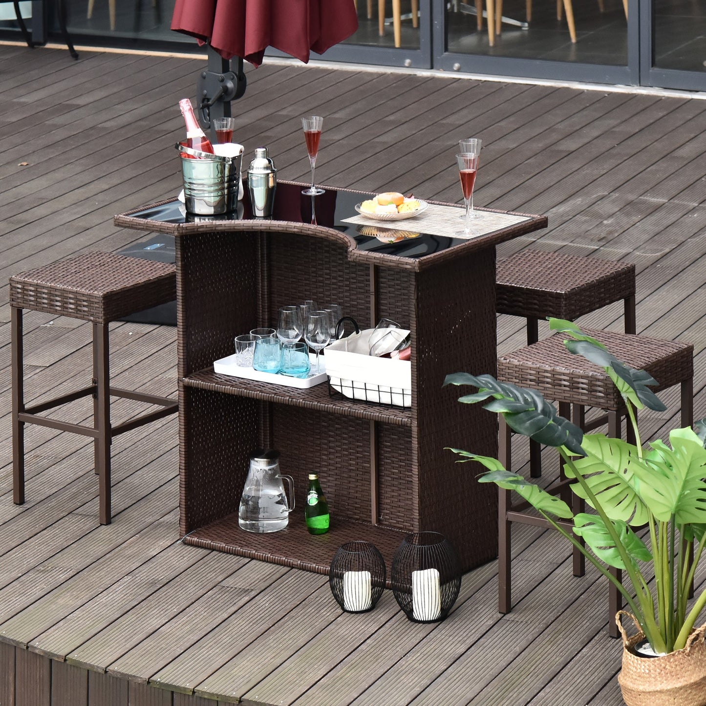 5 Pieces Patio Bar Set, Outdoor PE Rattan Wicker High Top Outdoor Table and Chairs Outdoor Bar Set with Tempered Glass Top Bar Table and Shelves, 4 Bar Chairs, Dark Brown
