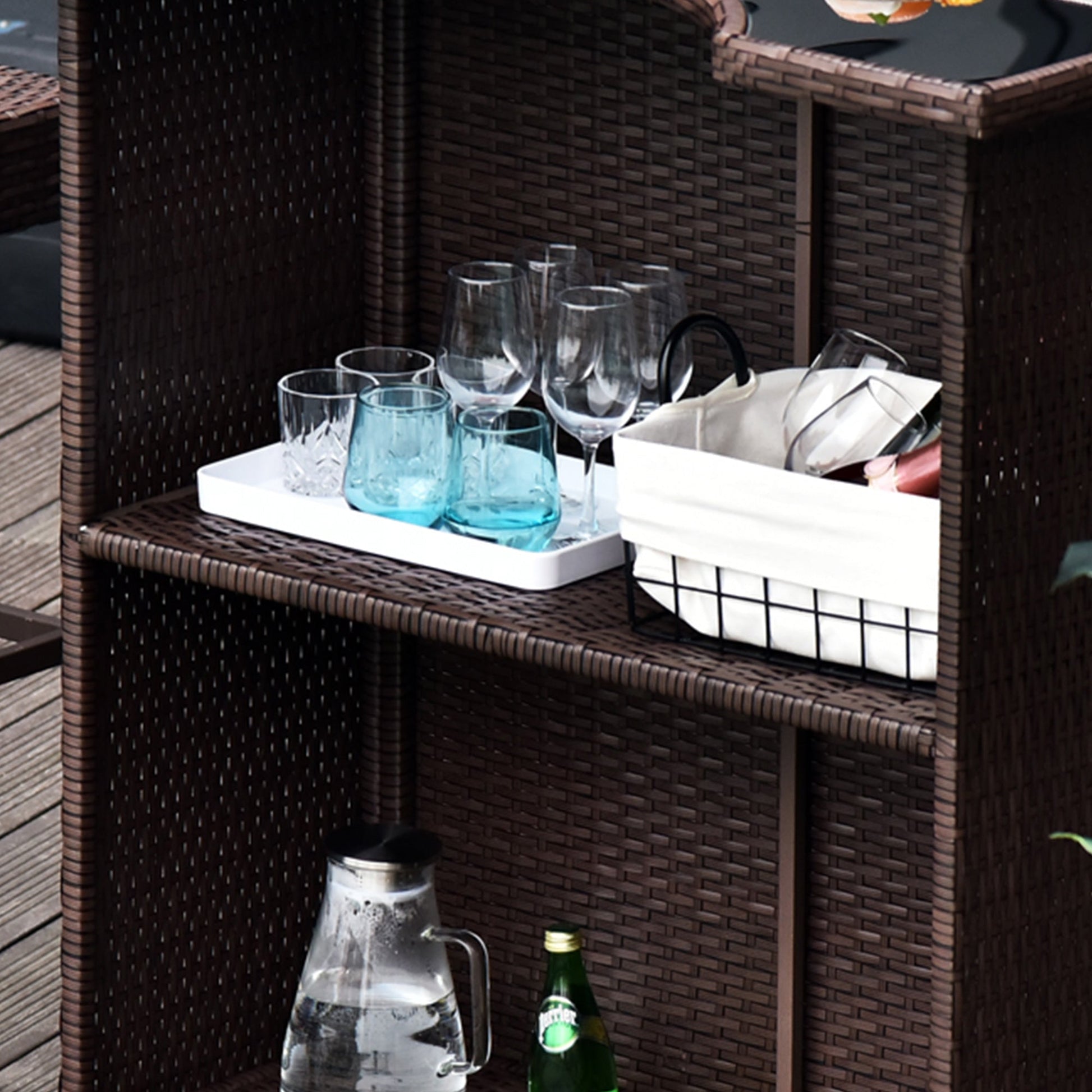5 Pieces Patio Bar Set, Outdoor PE Rattan Wicker High Top Outdoor Table and Chairs Outdoor Bar Set with Tempered Glass Top Bar Table and Shelves, 4 Bar Chairs, Dark Brown