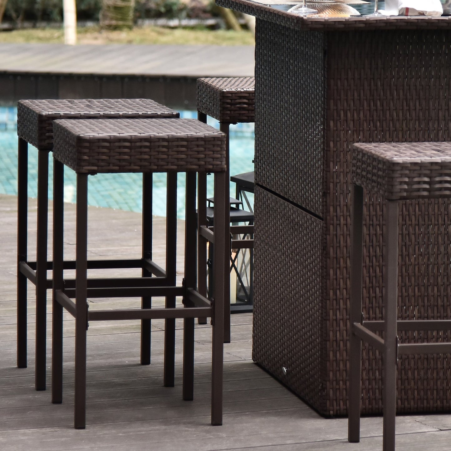 5 Pieces Patio Bar Set, Outdoor PE Rattan Wicker High Top Outdoor Table and Chairs Outdoor Bar Set with Tempered Glass Top Bar Table and Shelves, 4 Bar Chairs, Dark Brown