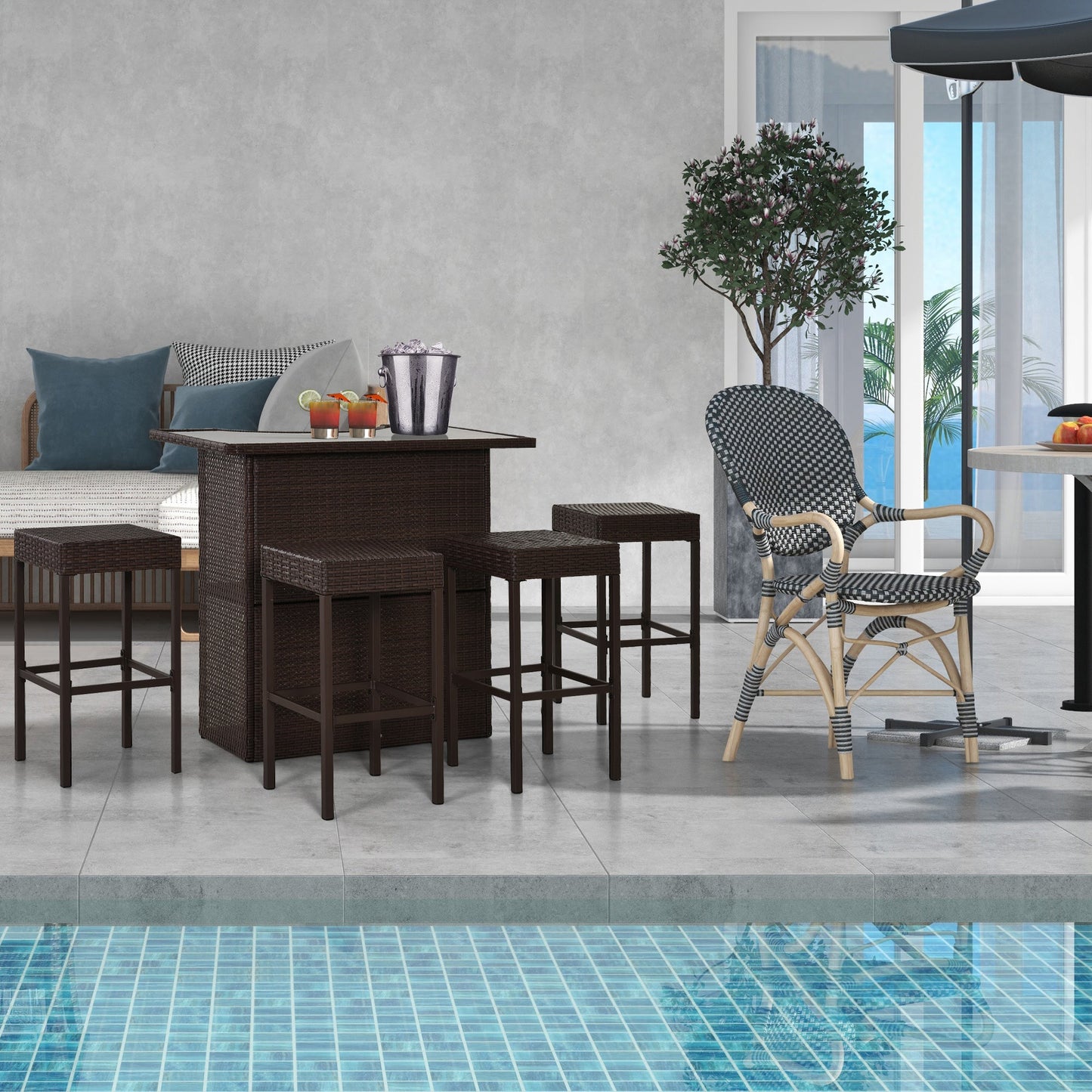 5 Pieces Patio Bar Set, Outdoor PE Rattan Wicker High Top Outdoor Table and Chairs Outdoor Bar Set with Tempered Glass Top Bar Table and Shelves, 4 Bar Chairs, Dark Brown