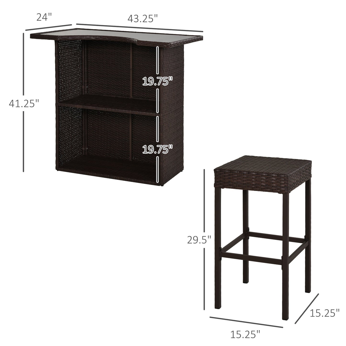 5 Pieces Patio Bar Set, Outdoor PE Rattan Wicker High Top Outdoor Table and Chairs Outdoor Bar Set with Tempered Glass Top Bar Table and Shelves, 4 Bar Chairs, Dark Brown