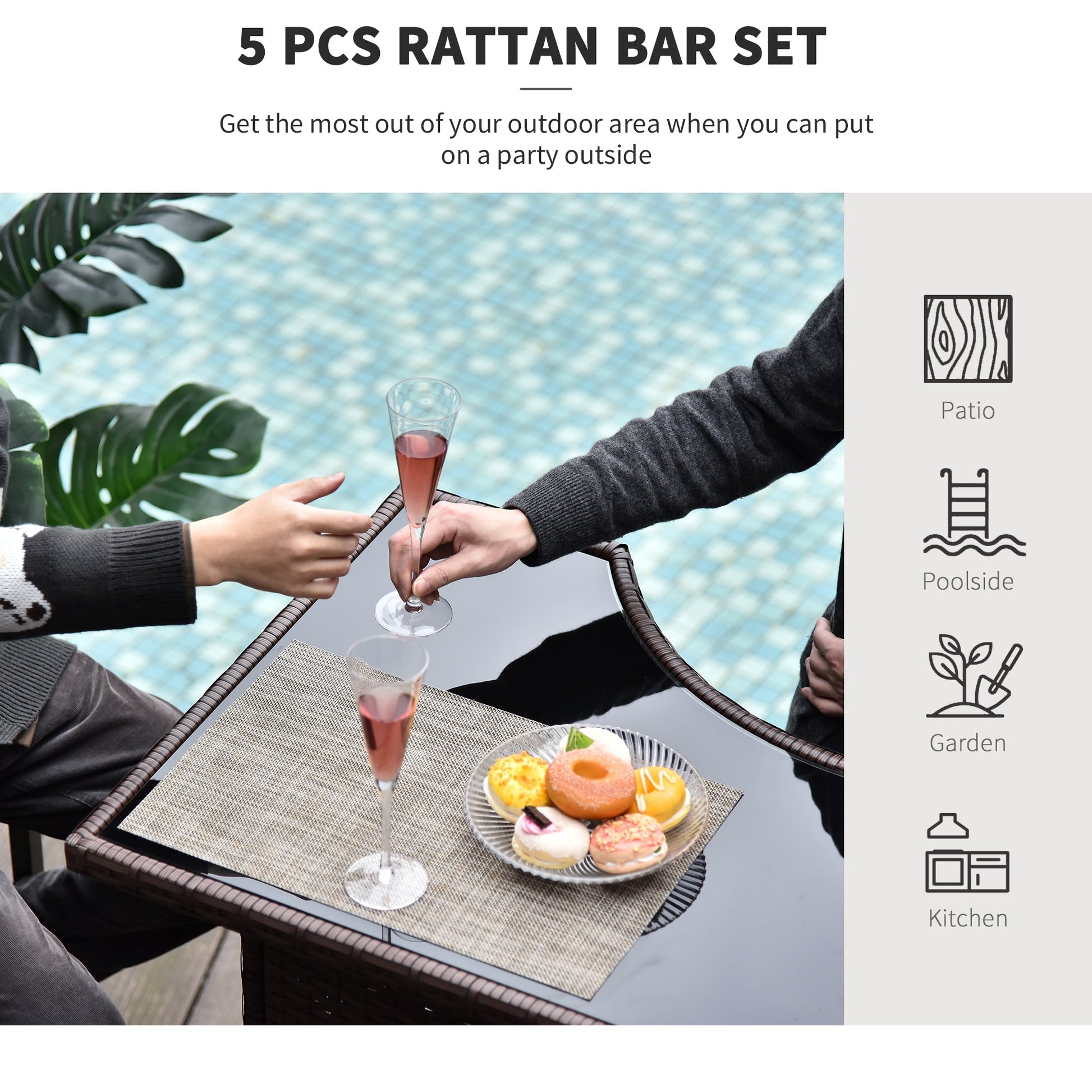 5 Pieces Patio Bar Set, Outdoor PE Rattan Wicker High Top Outdoor Table and Chairs Outdoor Bar Set with Tempered Glass Top Bar Table and Shelves, 4 Bar Chairs, Dark Brown
