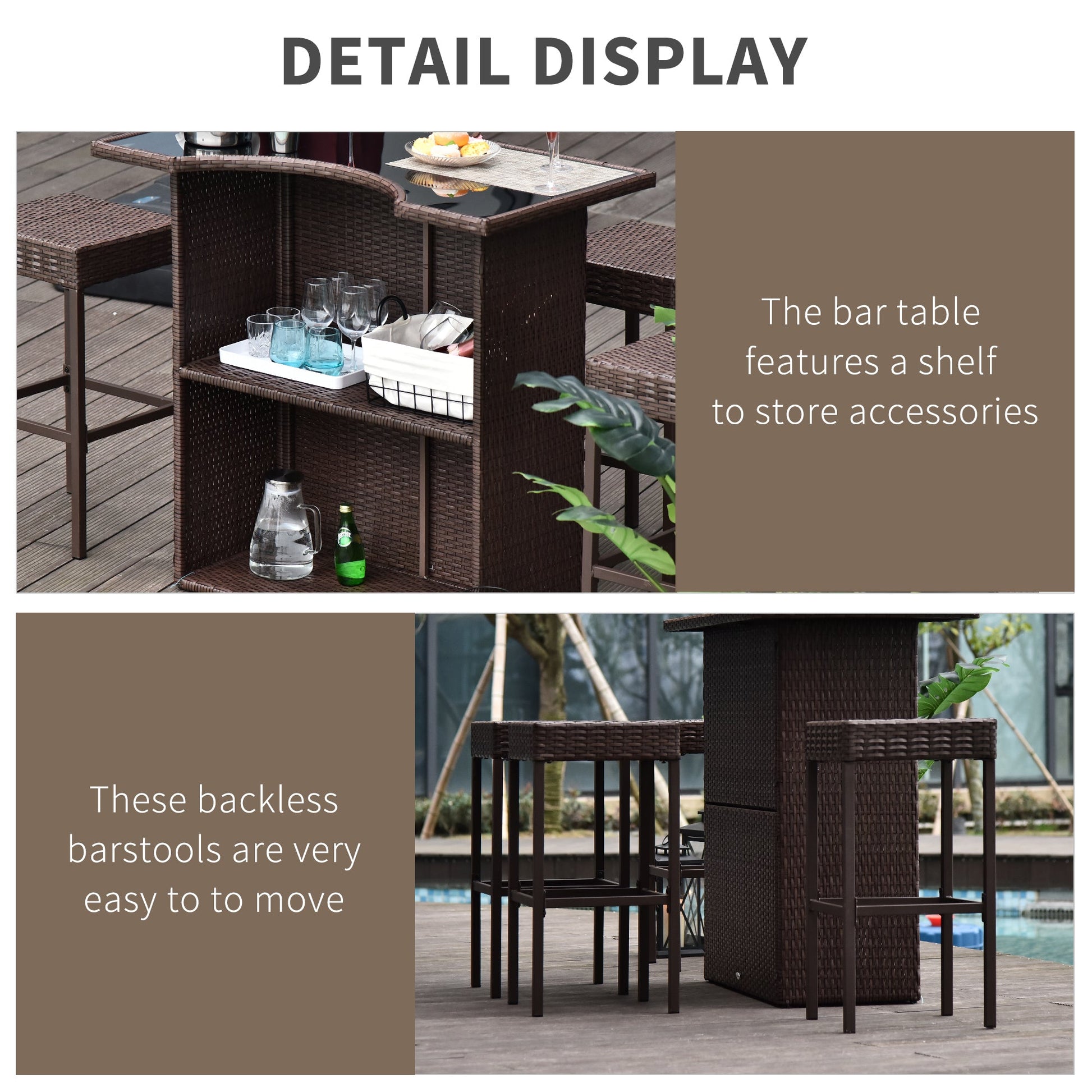 5 Pieces Patio Bar Set, Outdoor PE Rattan Wicker High Top Outdoor Table and Chairs Outdoor Bar Set with Tempered Glass Top Bar Table and Shelves, 4 Bar Chairs, Dark Brown