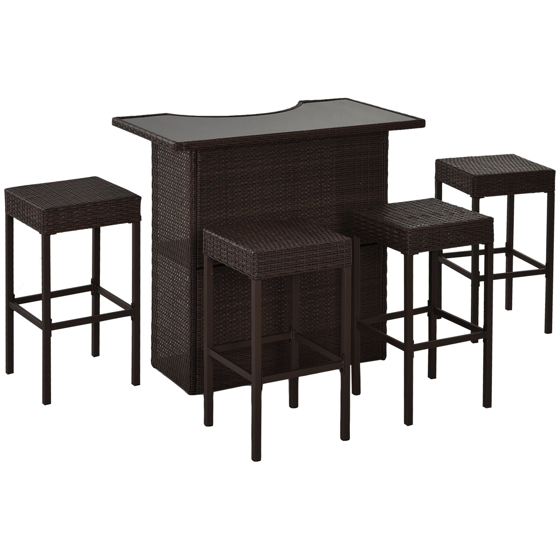 5 Pieces Patio Bar Set, Outdoor PE Rattan Wicker High Top Outdoor Table and Chairs Outdoor Bar Set with Tempered Glass Top Bar Table and Shelves, 4 Bar Chairs, Dark Brown