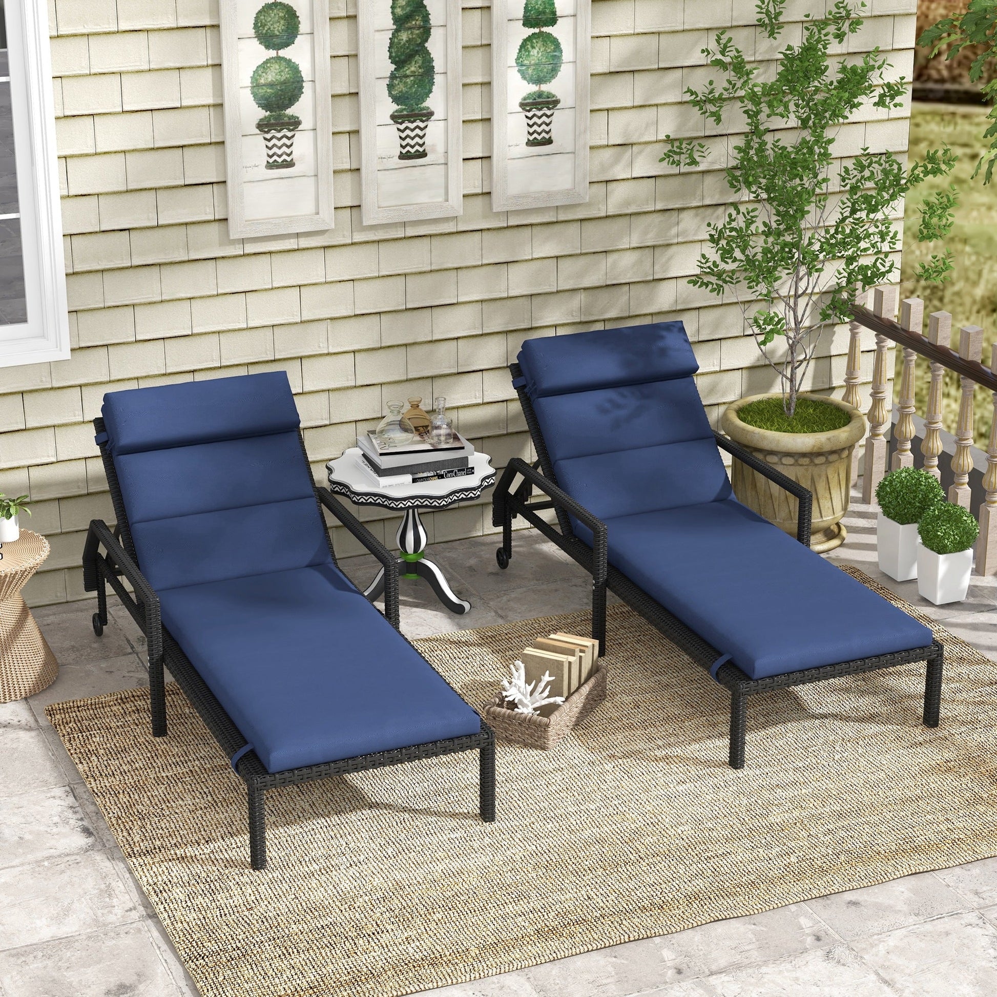 Set of 2 Outdoor Lounge Chair Cushions, Patio Chaise Lounge Cushions with Headrest and Ties, Water Resistant Replacement Sun Lounger Seat Pads, Dark Blue