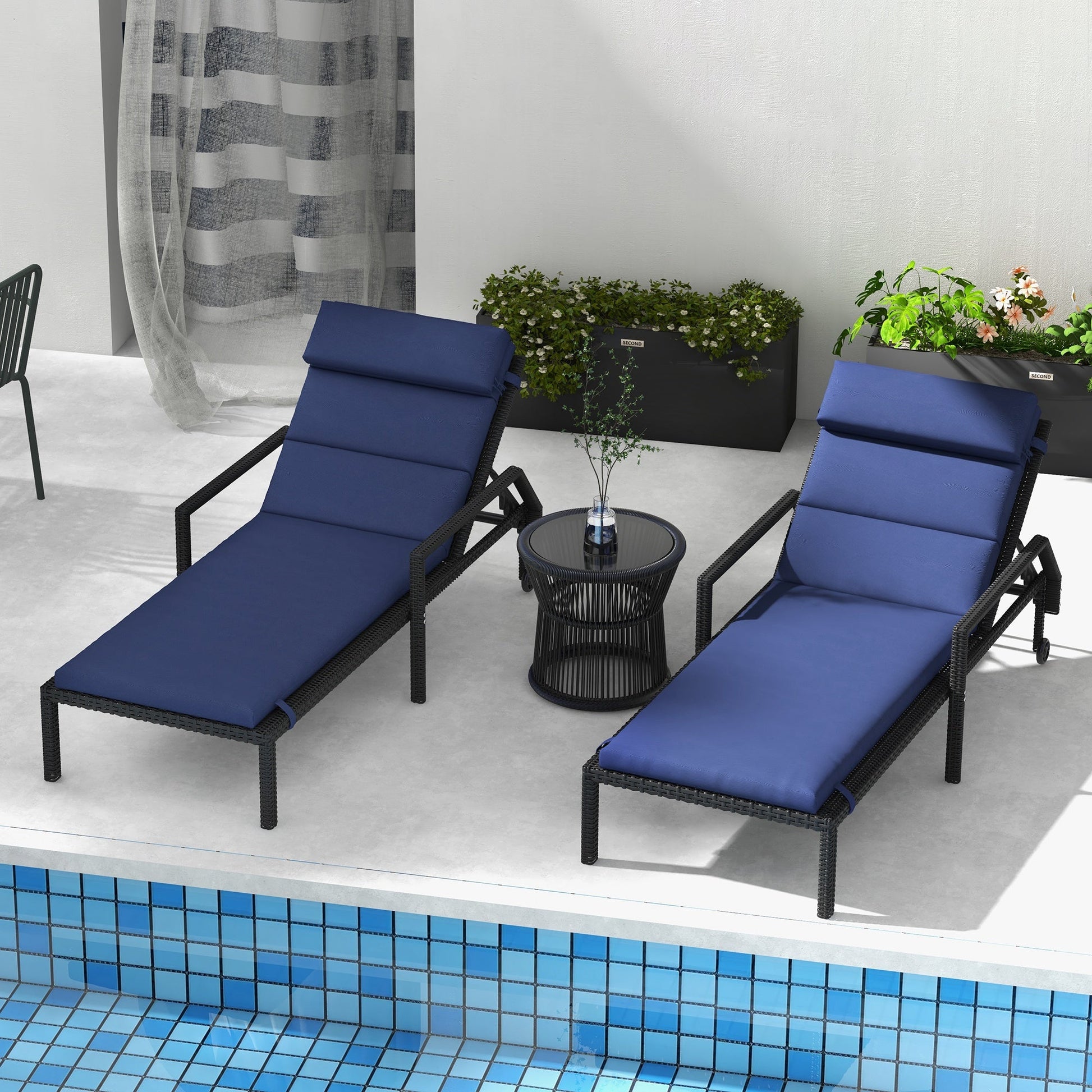 Set of 2 Outdoor Lounge Chair Cushions, Patio Chaise Lounge Cushions with Headrest and Ties, Water Resistant Replacement Sun Lounger Seat Pads, Dark Blue