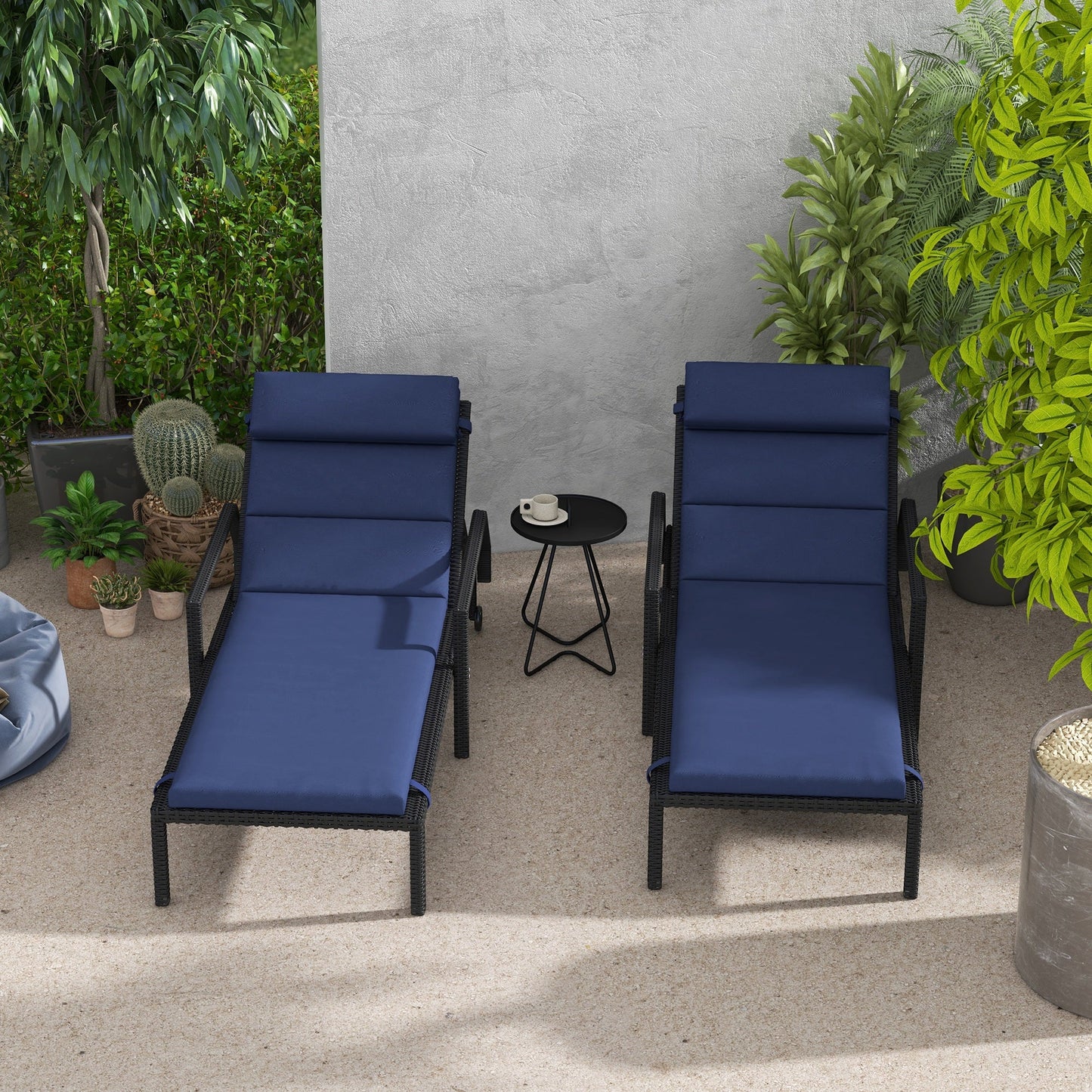 Set of 2 Outdoor Lounge Chair Cushions, Patio Chaise Lounge Cushions with Headrest and Ties, Water Resistant Replacement Sun Lounger Seat Pads, Dark Blue