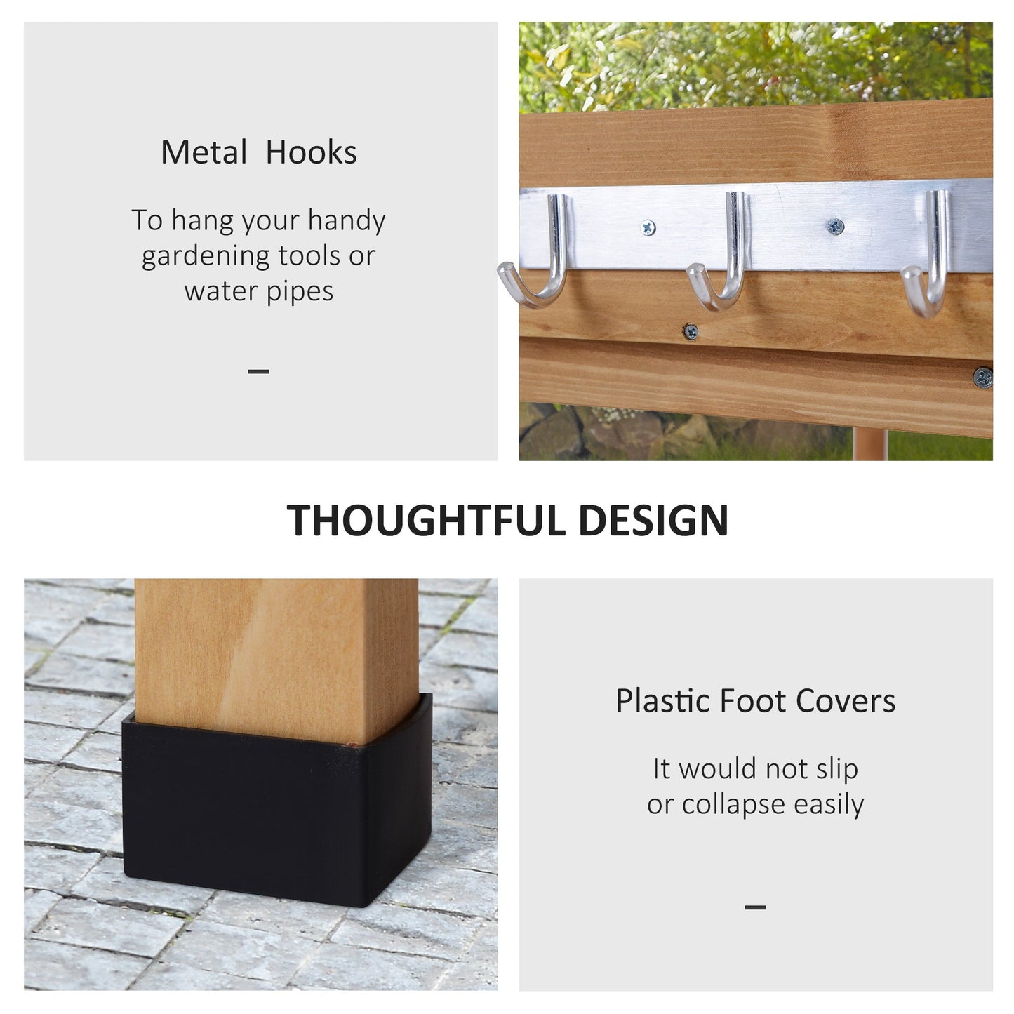 Outdoor Potting Bench, Wooden Potting Table with Storage Shelf, Metal Table Top, Hooks for Backyard, Patio, Balcony, Natural