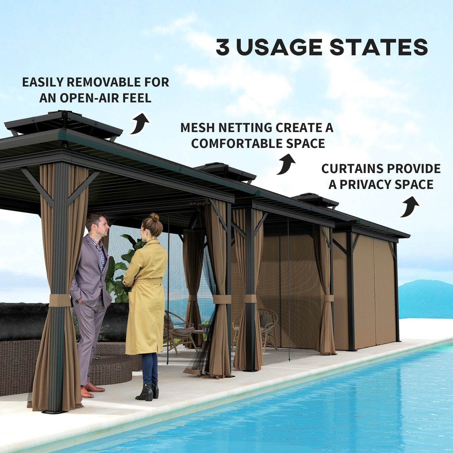 10' x 10' Hardtop Gazebo, Aluminum Frame Garden Sun Shelter with Double Tier Metal Roof, Mosquito Netting, Curtains, and Hanging Hook, Dark Brown