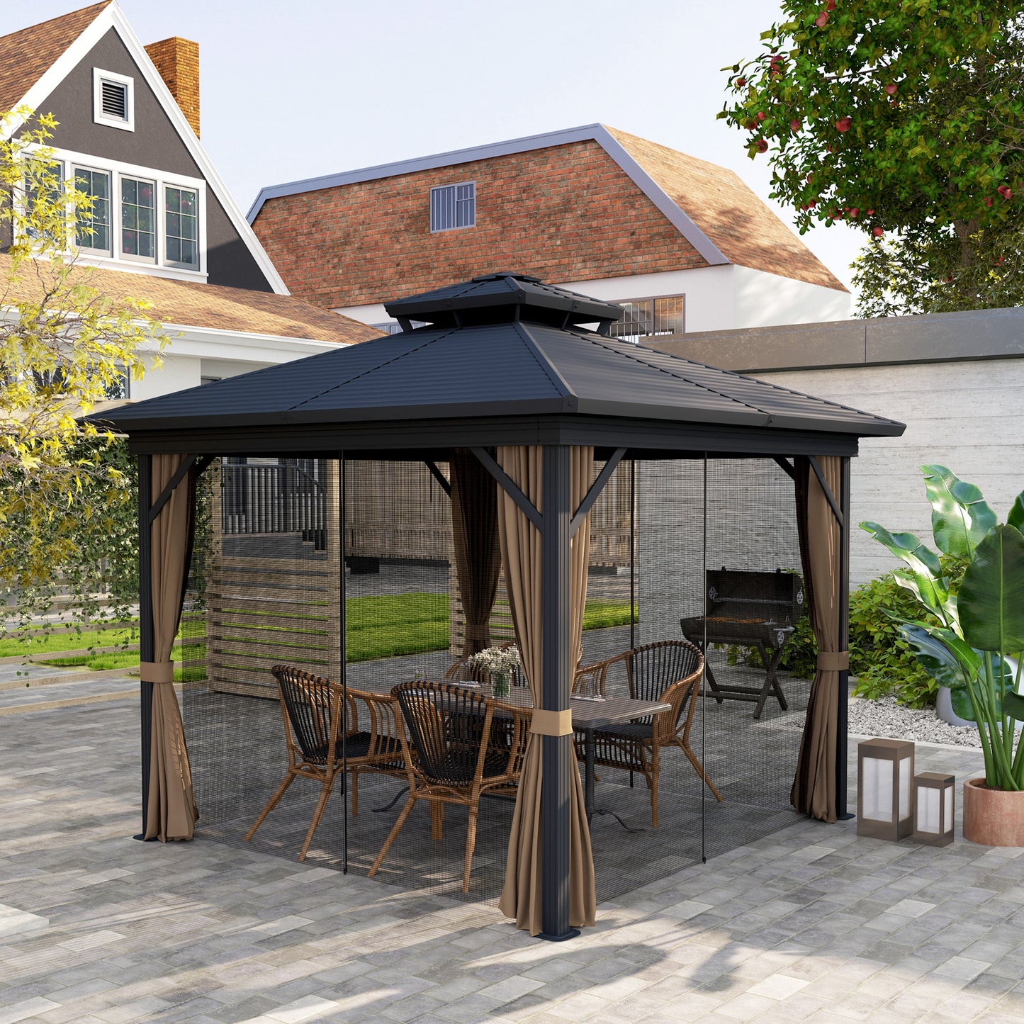10' x 10' Hardtop Gazebo, Aluminum Frame Garden Sun Shelter with Double Tier Metal Roof, Mosquito Netting, Curtains, and Hanging Hook, Dark Brown