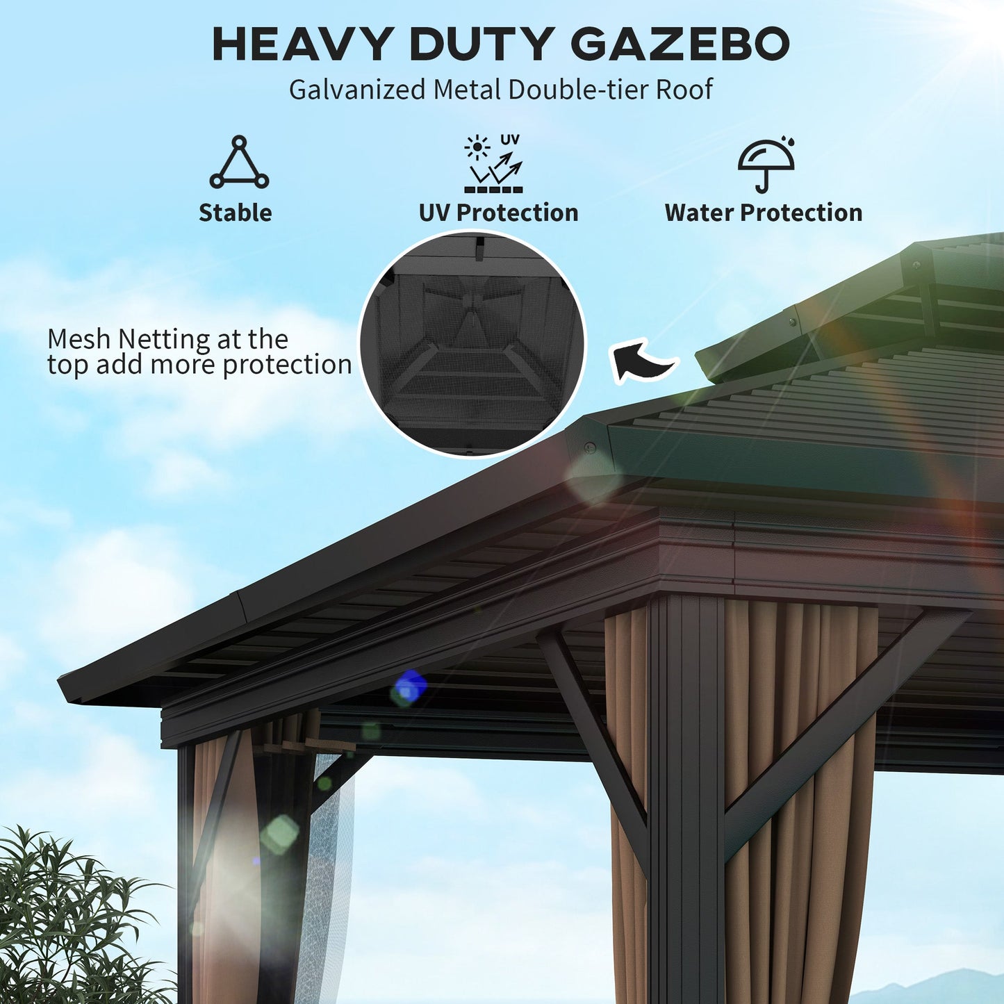 10' x 10' Hardtop Gazebo, Aluminum Frame Garden Sun Shelter with Double Tier Metal Roof, Mosquito Netting, Curtains, and Hanging Hook, Dark Brown