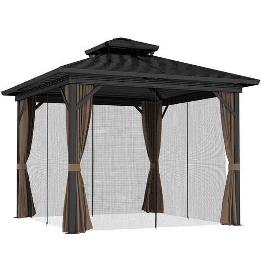 10' x 10' Hardtop Gazebo, Aluminum Frame Garden Sun Shelter with Double Tier Metal Roof, Mosquito Netting, Curtains, and Hanging Hook, Dark Brown