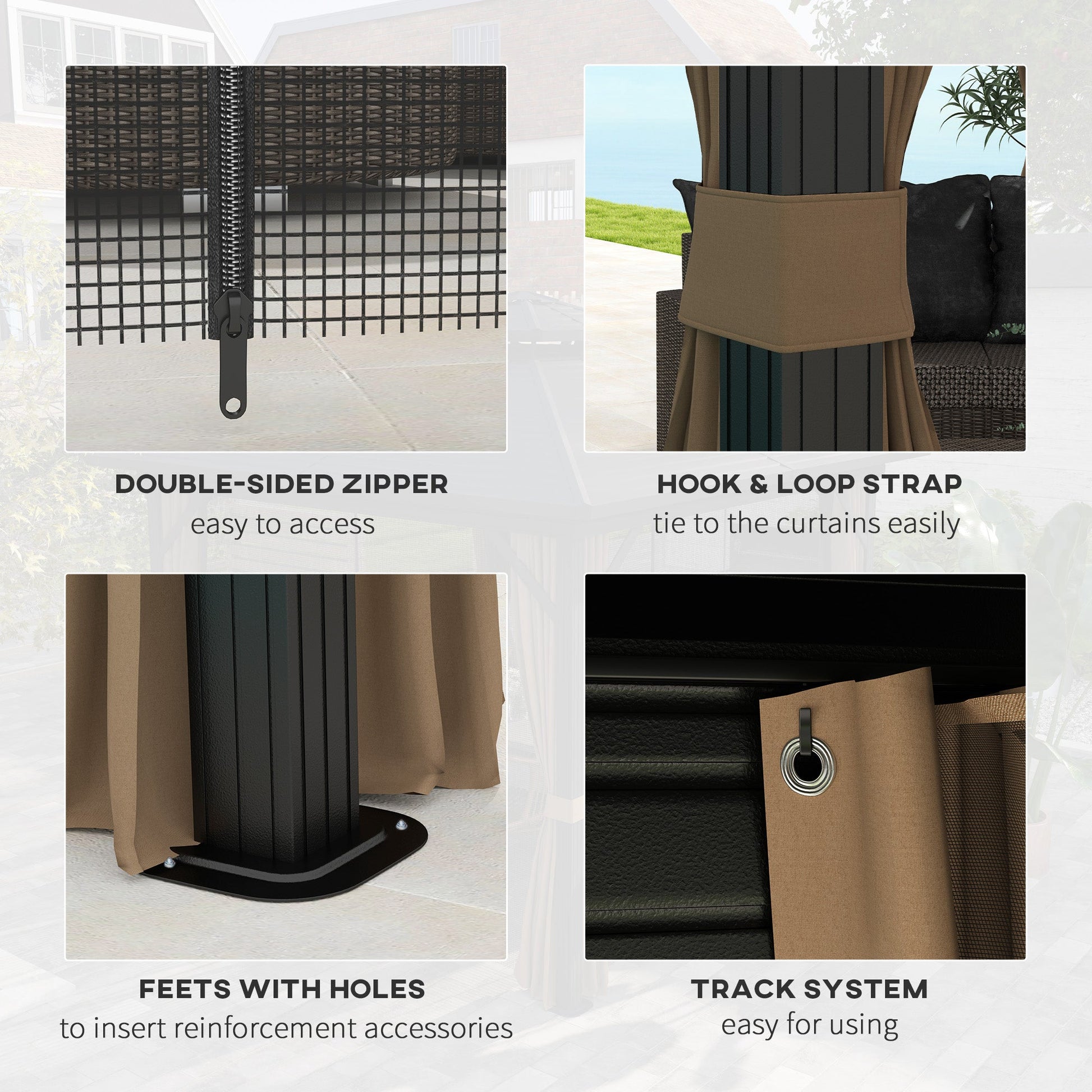 10' x 10' Hardtop Gazebo, Aluminum Frame Garden Sun Shelter with Double Tier Metal Roof, Mosquito Netting, Curtains, and Hanging Hook, Dark Brown