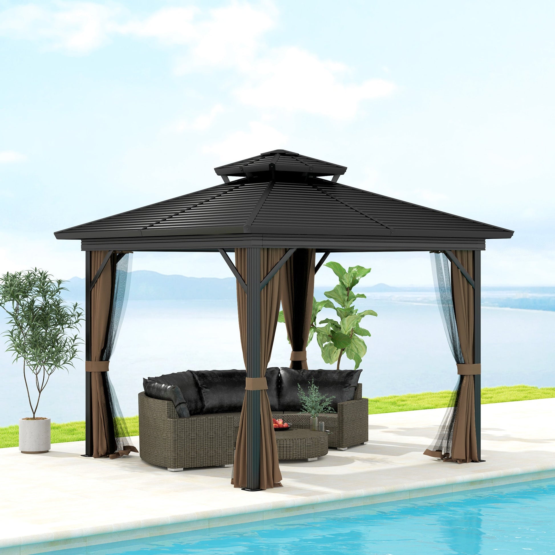 10' x 10' Hardtop Gazebo, Aluminum Frame Garden Sun Shelter with Double Tier Metal Roof, Mosquito Netting, Curtains, and Hanging Hook, Dark Brown