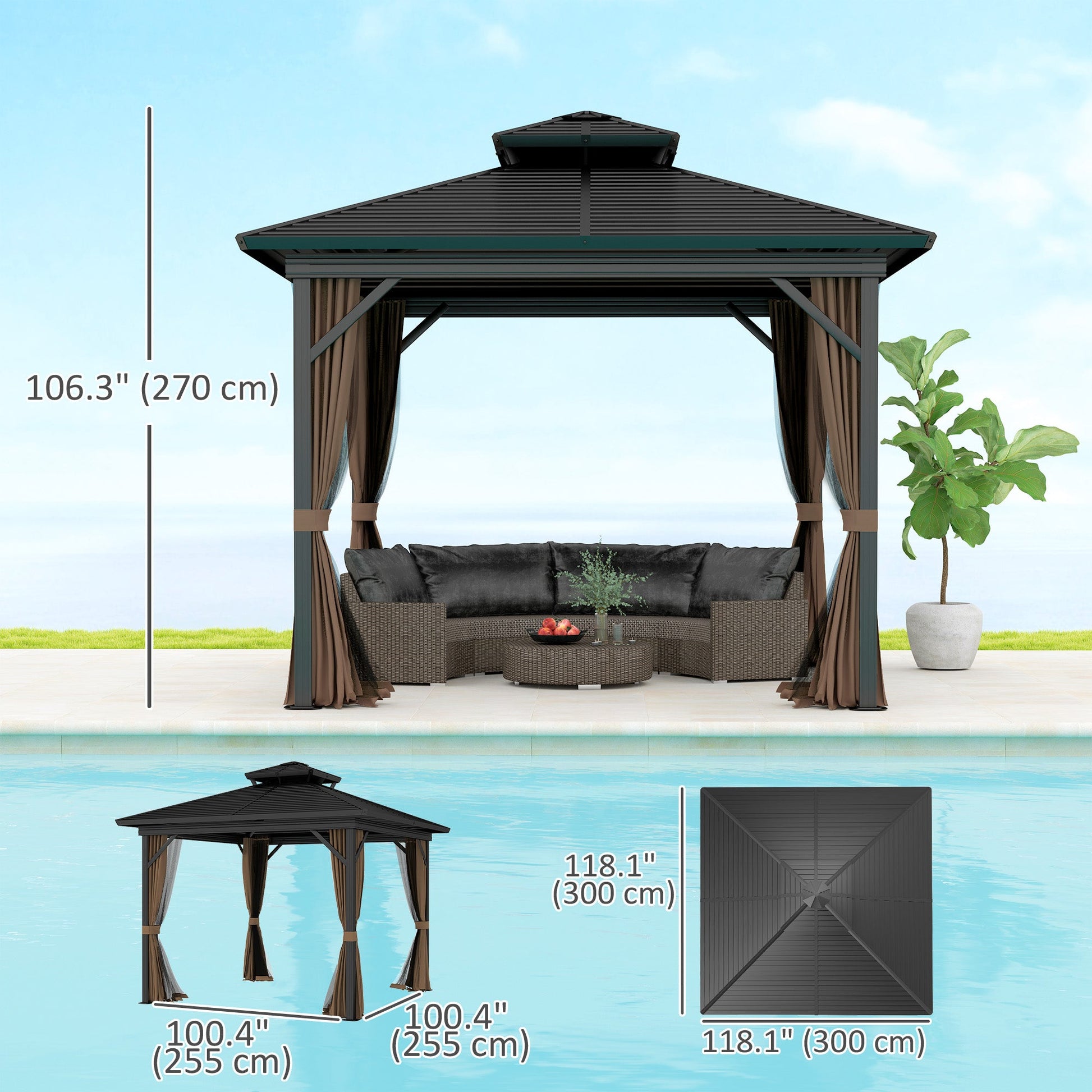 10' x 10' Hardtop Gazebo, Aluminum Frame Garden Sun Shelter with Double Tier Metal Roof, Mosquito Netting, Curtains, and Hanging Hook, Dark Brown