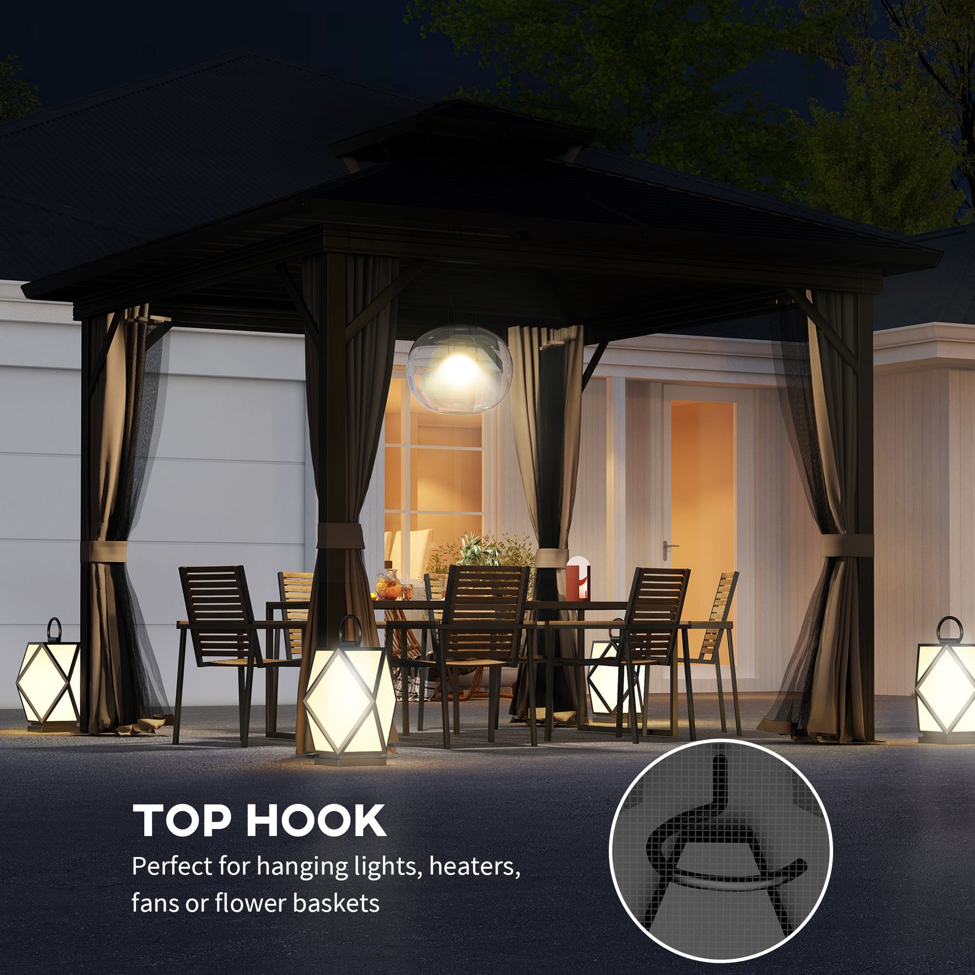 10' x 10' Hardtop Gazebo, Aluminum Frame Garden Sun Shelter with Double Tier Metal Roof, Mosquito Netting, Curtains, and Hanging Hook, Dark Brown