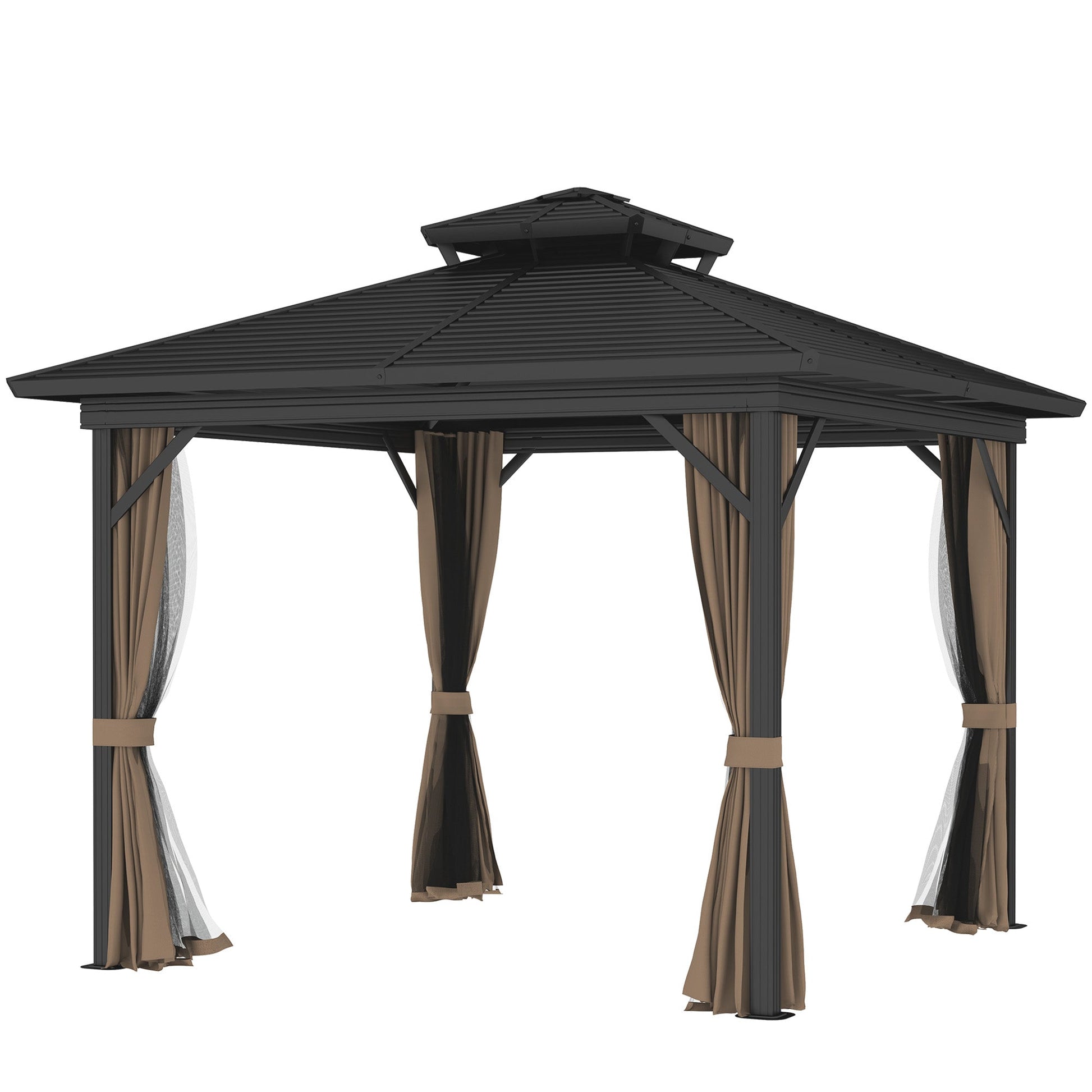 10' x 10' Hardtop Gazebo, Aluminum Frame Garden Sun Shelter with Double Tier Metal Roof, Mosquito Netting, Curtains, and Hanging Hook, Dark Brown