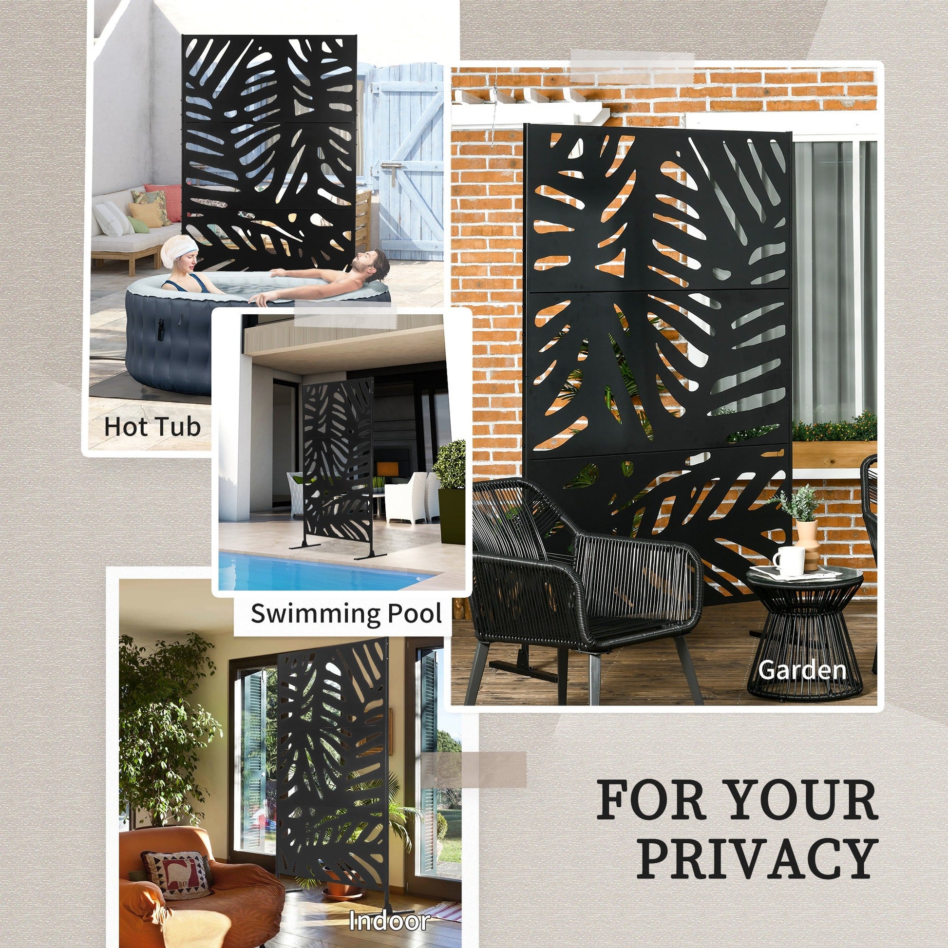Metal Outdoor Privacy Screen, Decorative Outdoor Divider with Stand and Expansion Screws, Freestanding Privacy Panel for Garden Backyard Deck Pool Hot Tub, Leaf Style