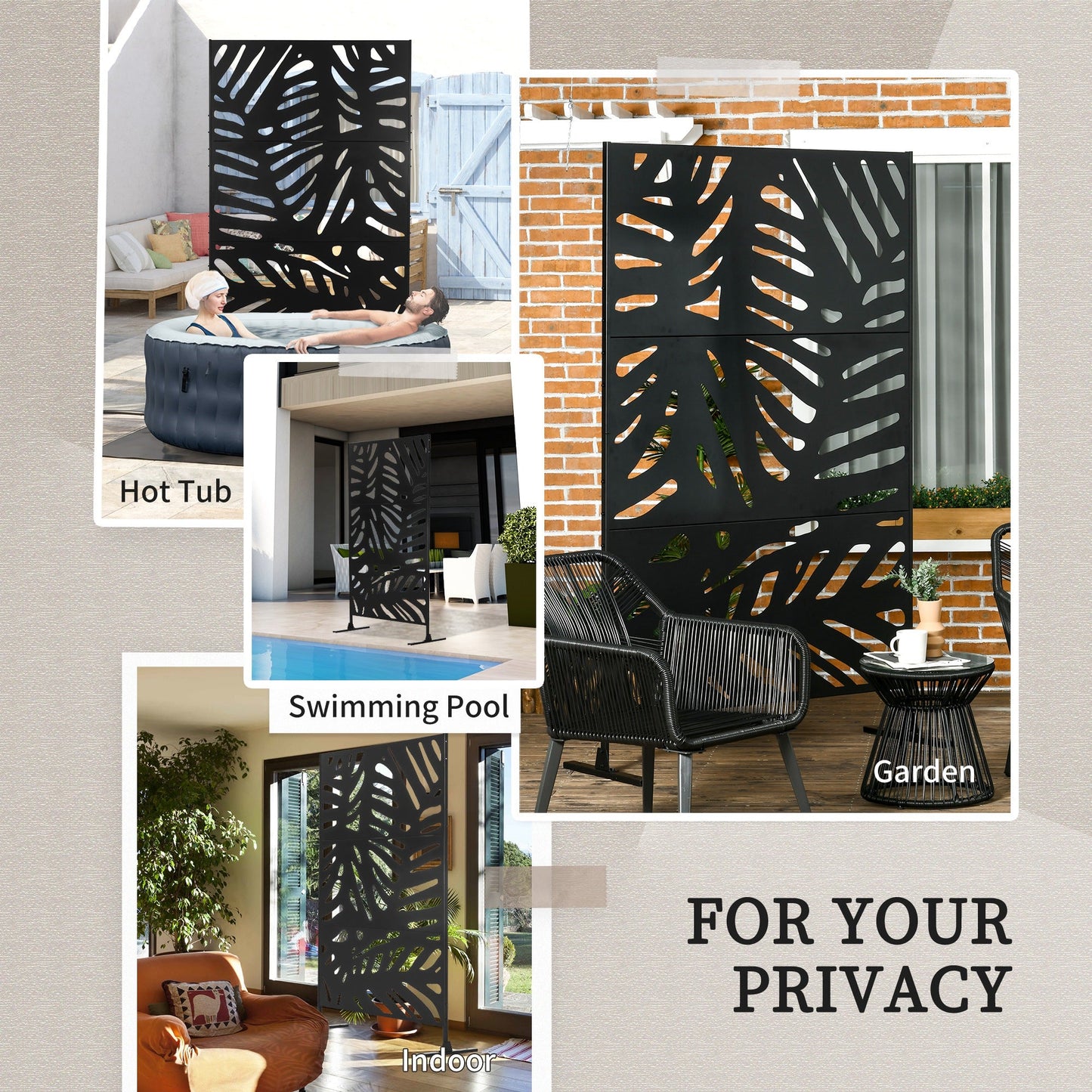 Metal Outdoor Privacy Screen, Decorative Outdoor Divider with Stand and Expansion Screws, Freestanding Privacy Panel for Garden Backyard Deck Pool Hot Tub, Leaf Style