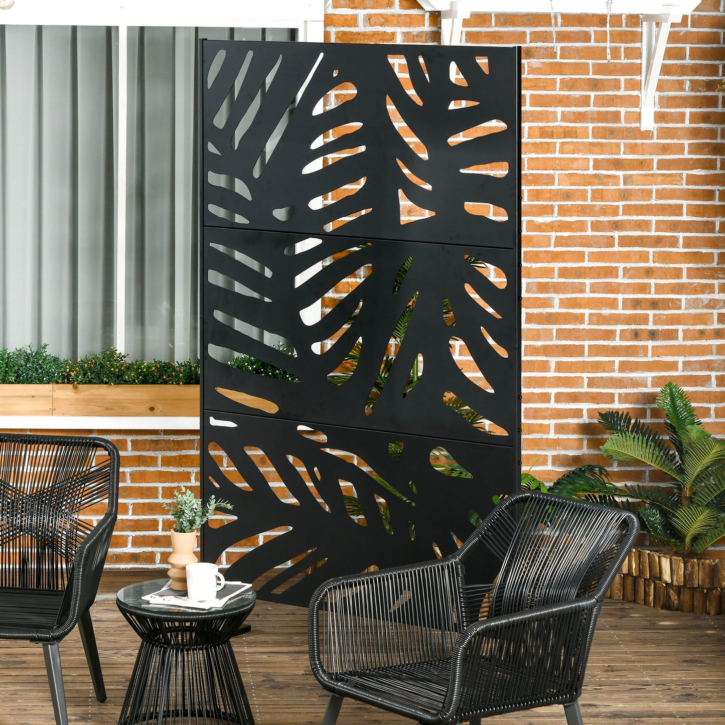 Metal Outdoor Privacy Screen, Decorative Outdoor Divider with Stand and Expansion Screws, Freestanding Privacy Panel for Garden Backyard Deck Pool Hot Tub, Leaf Style