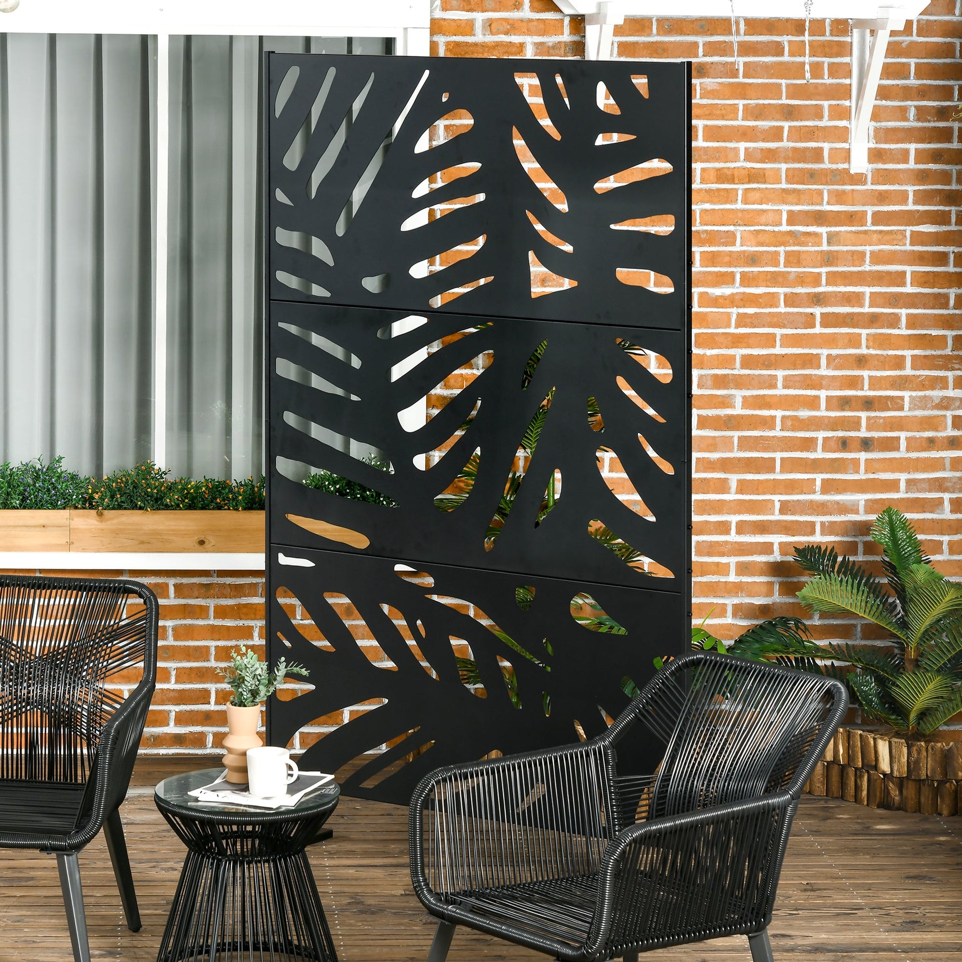 Metal Outdoor Privacy Screen, Decorative Outdoor Divider with Stand and Expansion Screws, Freestanding Privacy Panel for Garden Backyard Deck Pool Hot Tub, Leaf Style