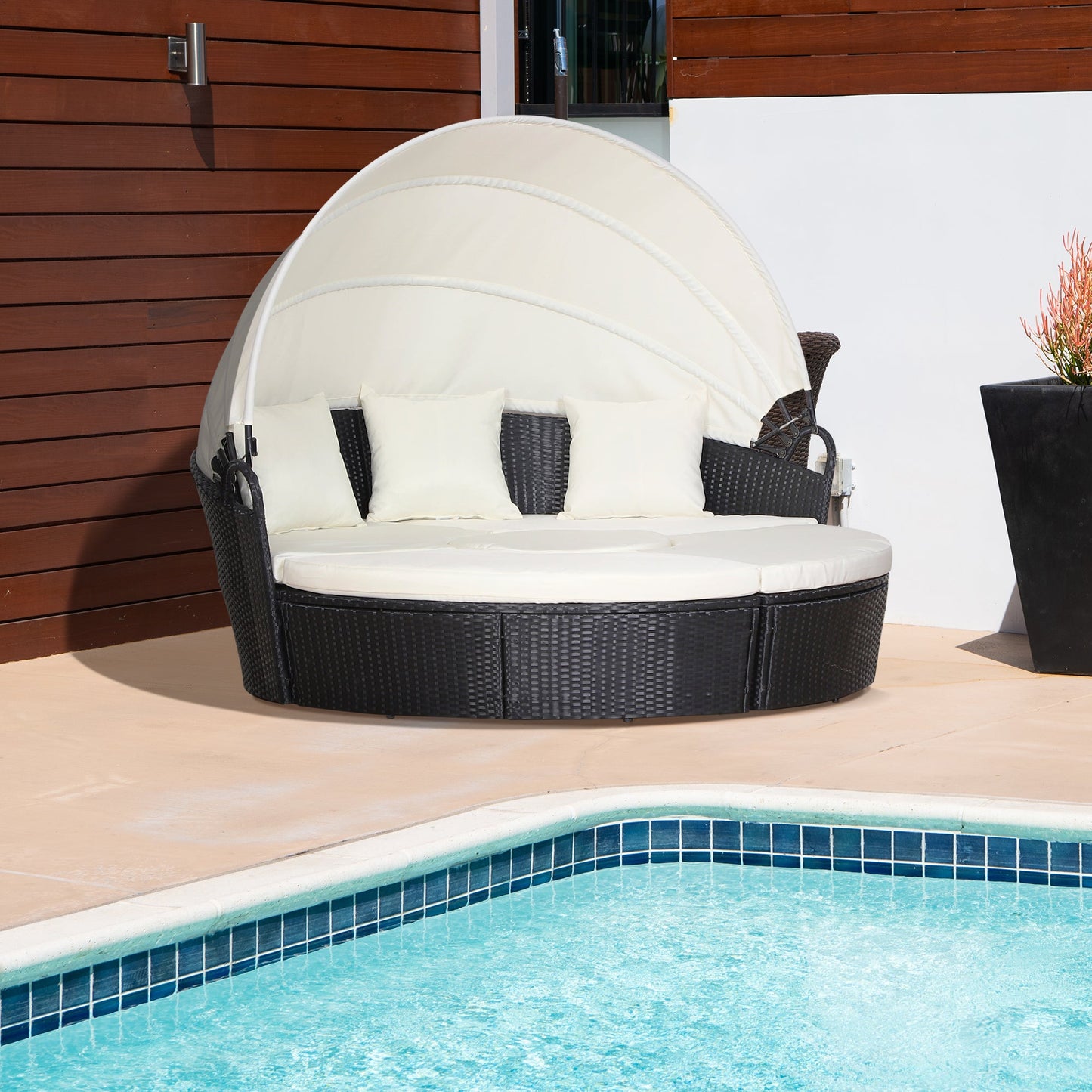 4 Pieces Outdoor Daybed with Retractable Canopy, PE Rattan Wicker Round Sofa Day Bed, Patio Sectional  Conversation Furniture Set with Cushions and Pillows, Cream White