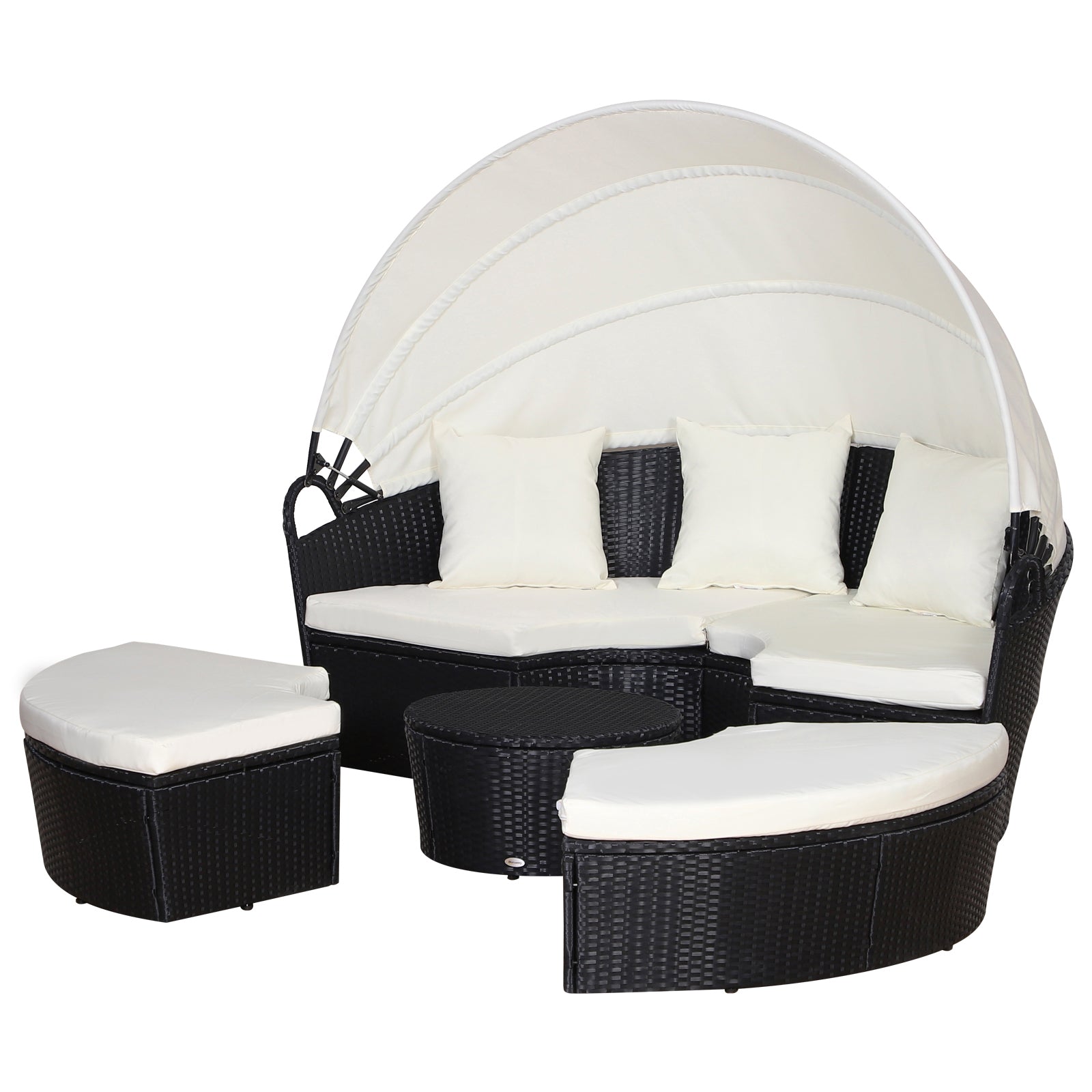 4 Pieces Outdoor Daybed with Retractable Canopy, PE Rattan Wicker Round Sofa Day Bed, Patio Sectional  Conversation Furniture Set with Cushions and Pillows, Cream White