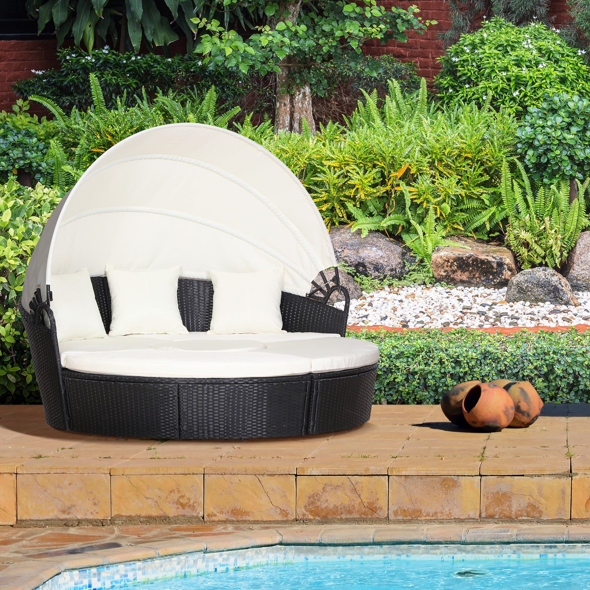 4 Pieces Outdoor Daybed with Retractable Canopy, PE Rattan Wicker Round Sofa Day Bed, Patio Sectional  Conversation Furniture Set with Cushions and Pillows, Cream White
