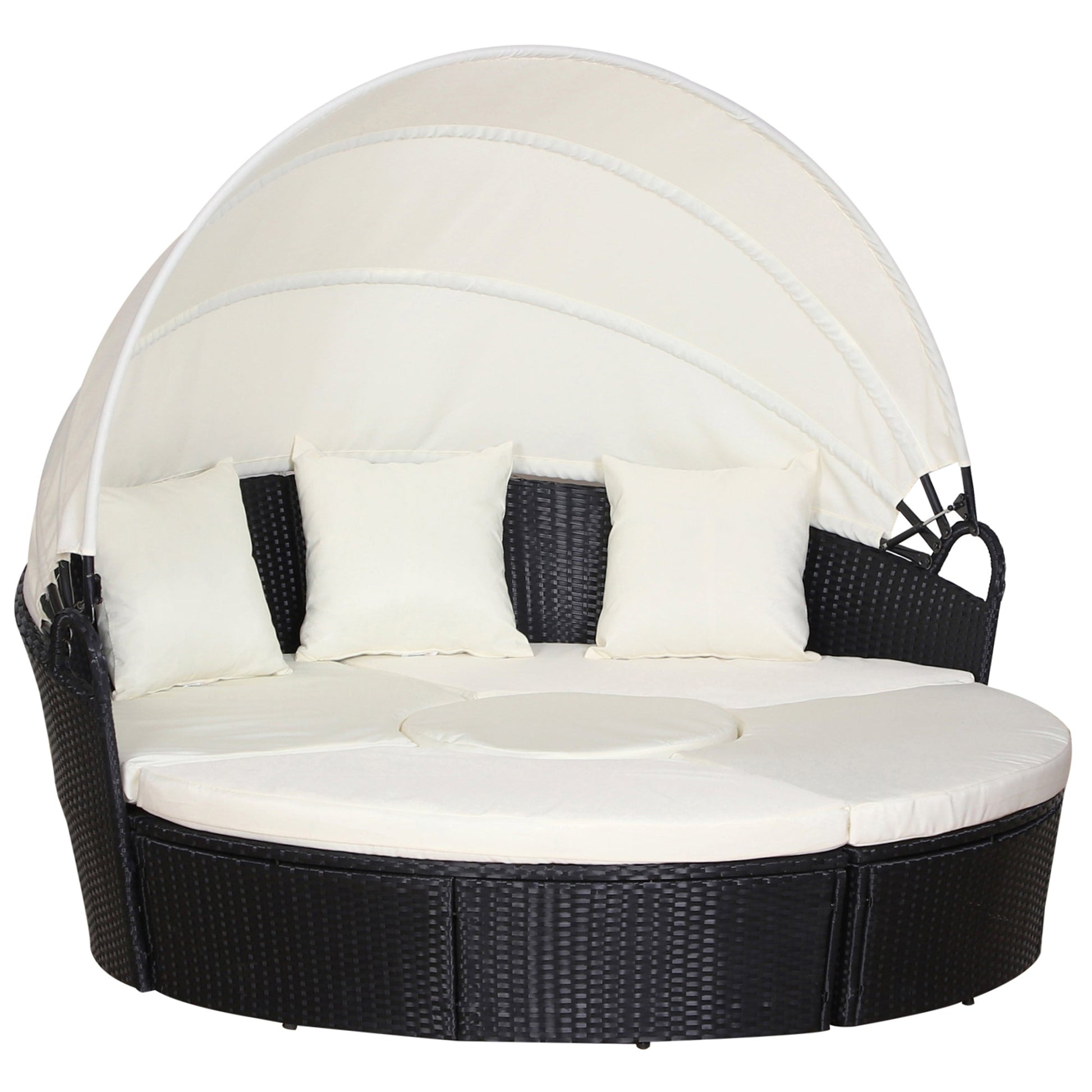 4 Pieces Outdoor Daybed with Retractable Canopy, PE Rattan Wicker Round Sofa Day Bed, Patio Sectional  Conversation Furniture Set with Cushions and Pillows, Cream White