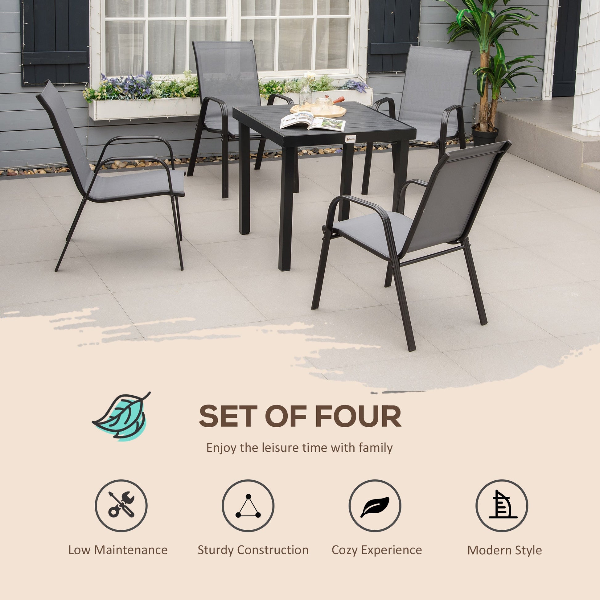 Set of 4 Outdoor Dining Chairs, Heavy Duty Stackable Patio Dining Set with Mesh Seat and Armrests for Balcony Garden, Dark Grey