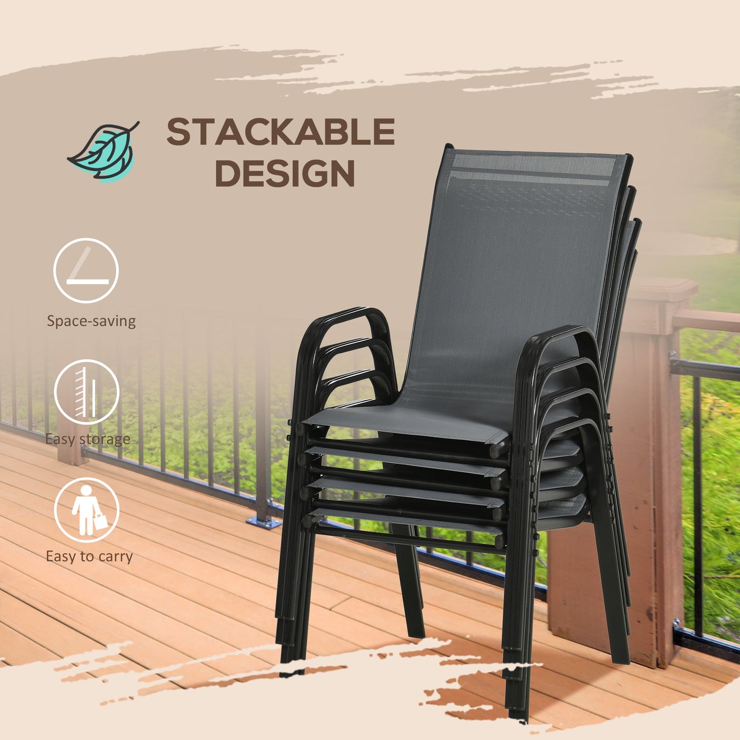 Set of 4 Outdoor Dining Chairs, Heavy Duty Stackable Patio Dining Set with Mesh Seat and Armrests for Balcony Garden, Dark Grey