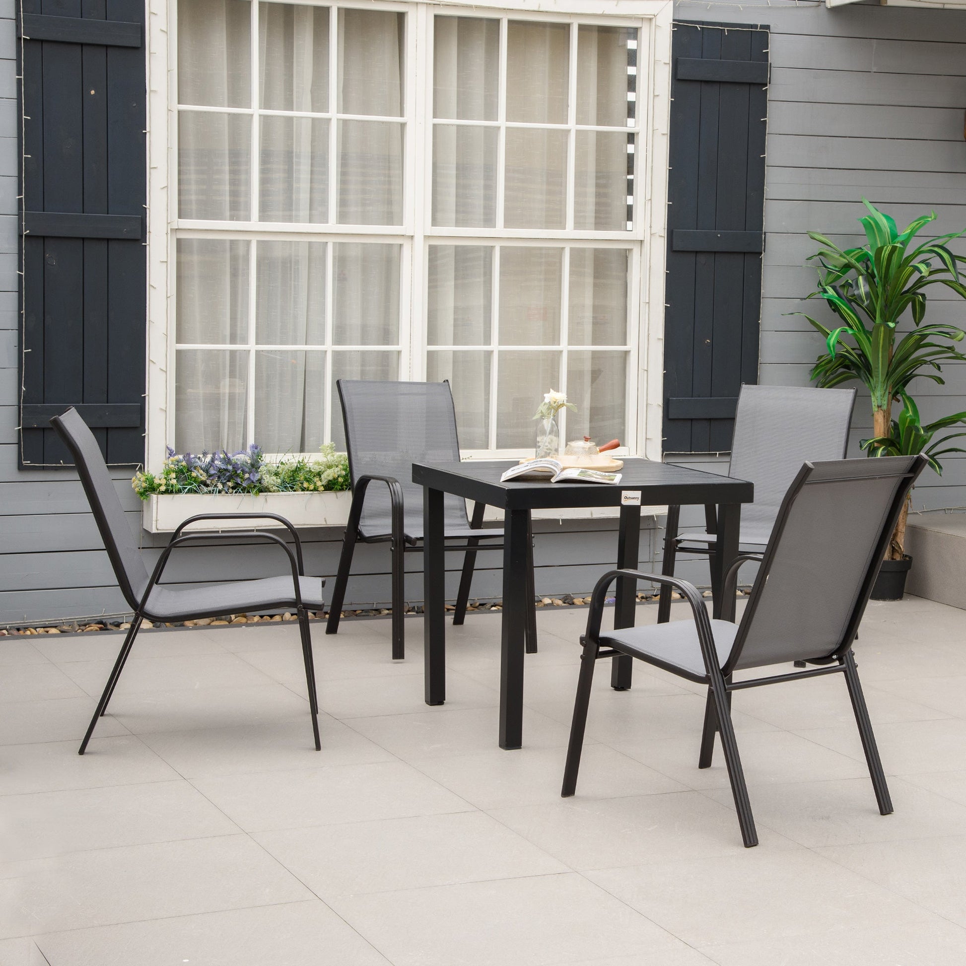 Set of 4 Outdoor Dining Chairs, Heavy Duty Stackable Patio Dining Set with Mesh Seat and Armrests for Balcony Garden, Dark Grey