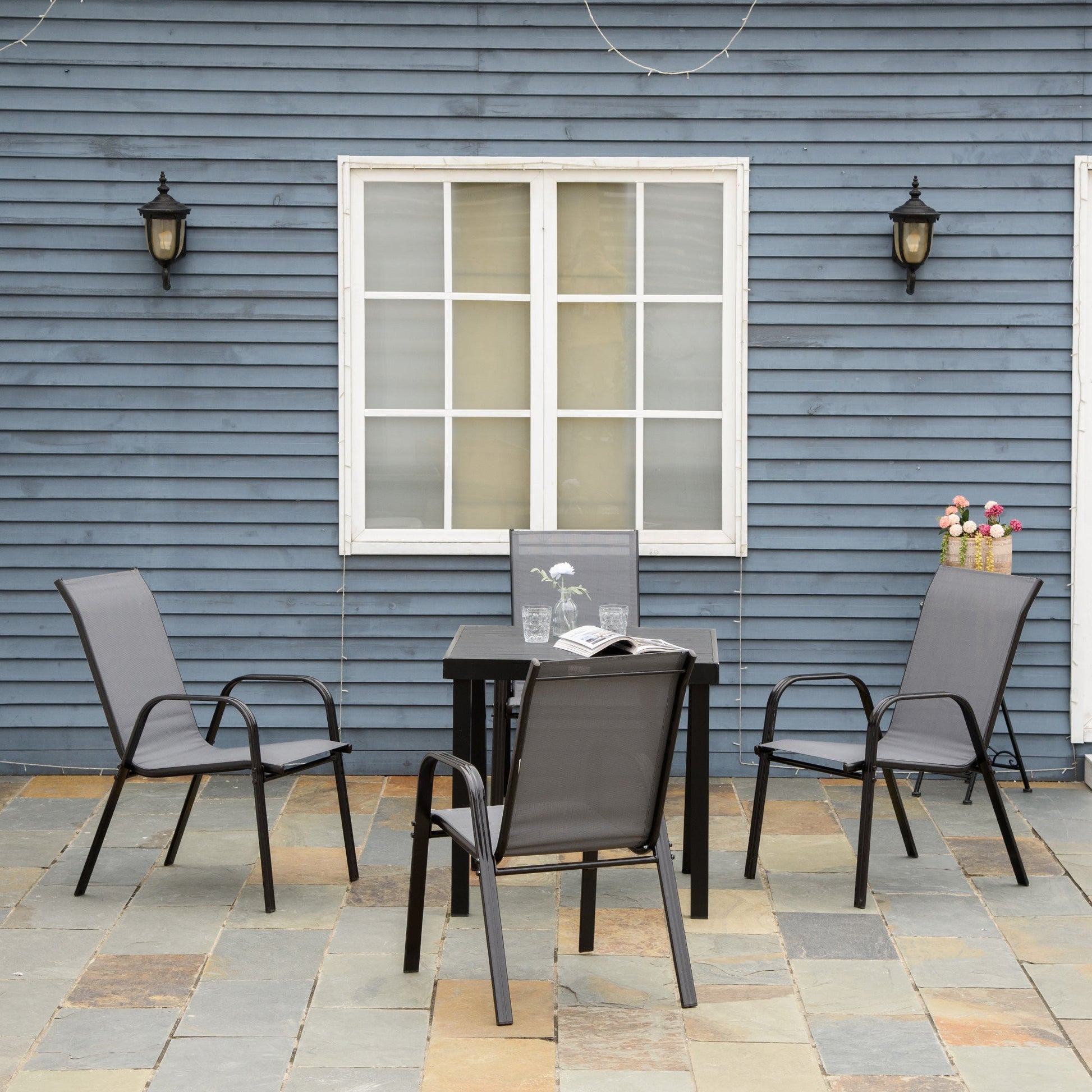 Set of 4 Outdoor Dining Chairs, Heavy Duty Stackable Patio Dining Set with Mesh Seat and Armrests for Balcony Garden, Dark Grey