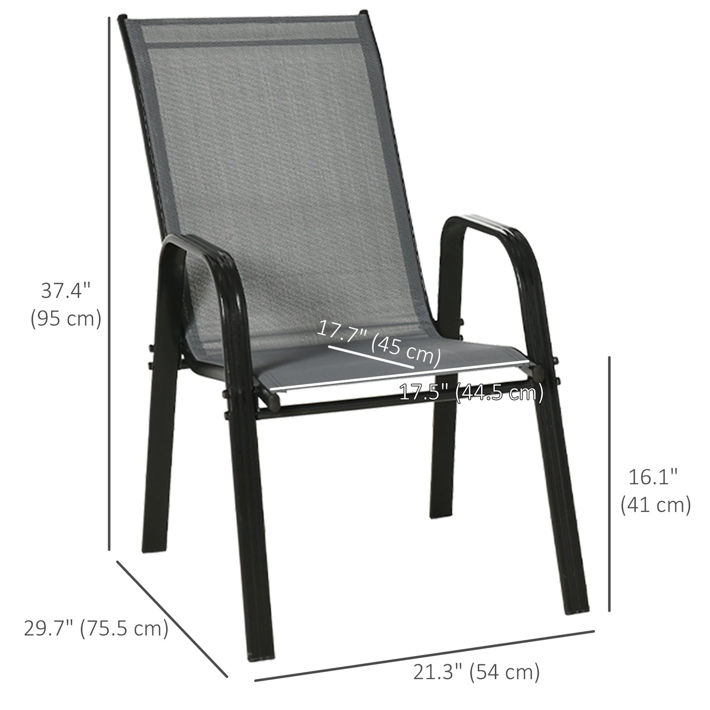 Set of 4 Outdoor Dining Chairs, Heavy Duty Stackable Patio Dining Set with Mesh Seat and Armrests for Balcony Garden, Dark Grey