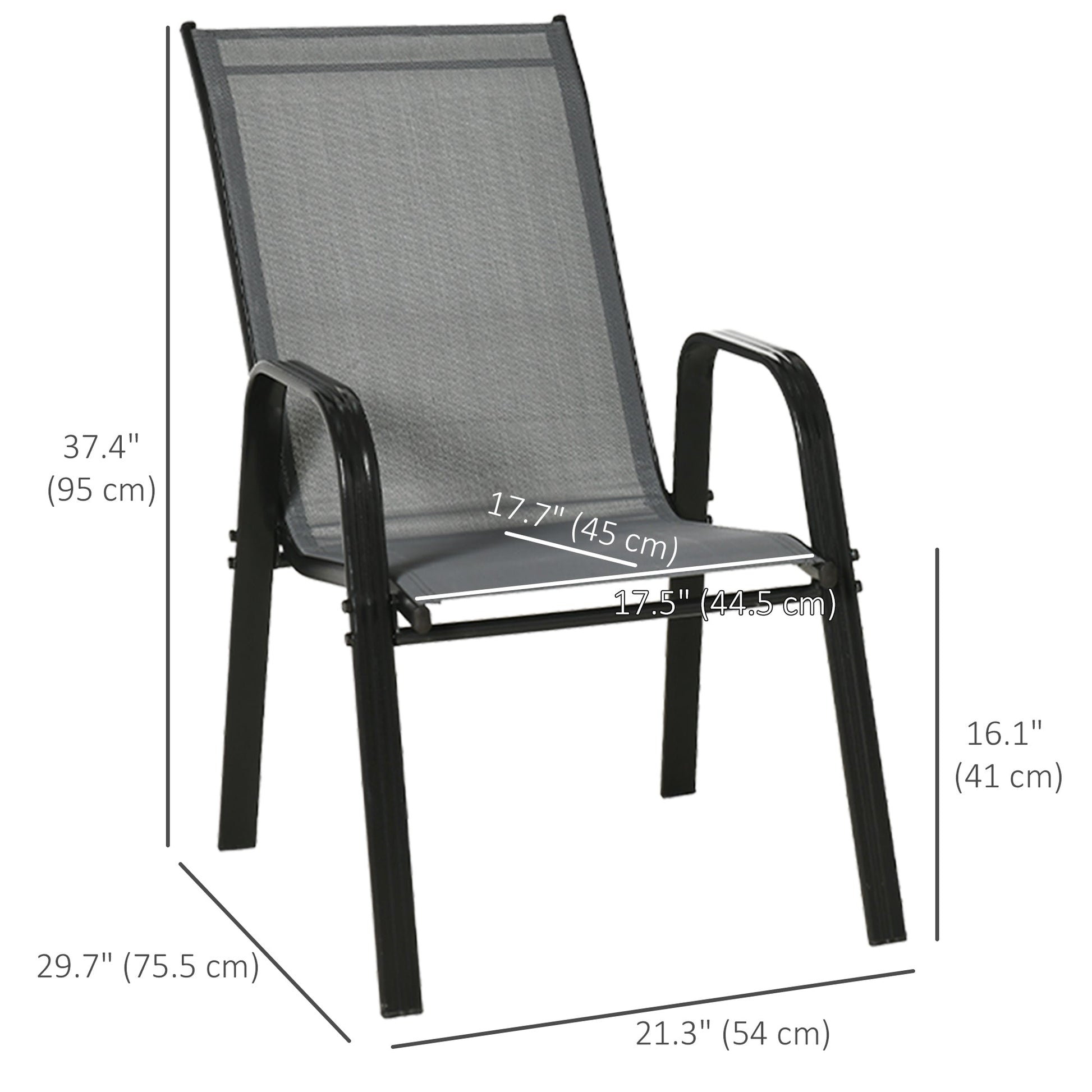 Set of 4 Outdoor Dining Chairs, Heavy Duty Stackable Patio Dining Set with Mesh Seat and Armrests for Balcony Garden, Dark Grey