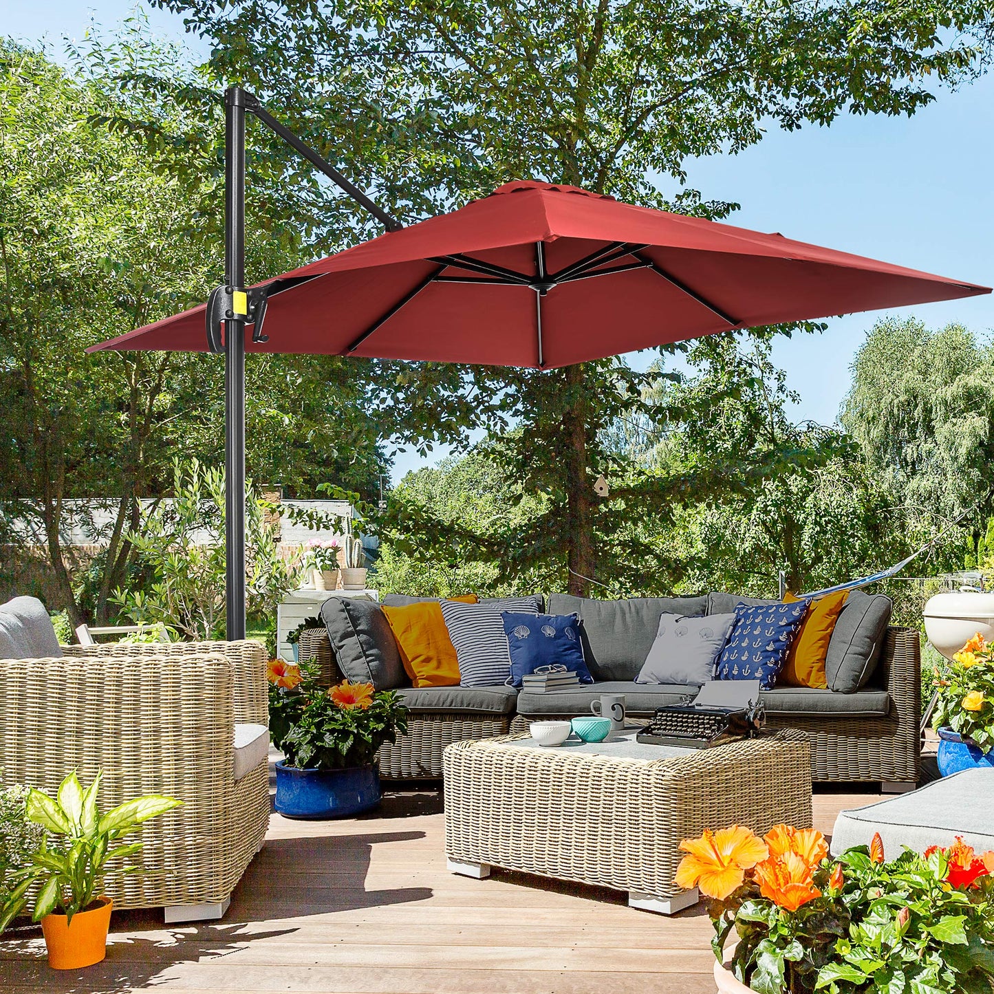 8' x 8' Square Patio Hanging Offset Umbrella with 360° Rotation, Aluminum Outdoor Cantilever Parasol with Crank & Tilt, Sun Canopy Shelter with Cross Base, Wine Red