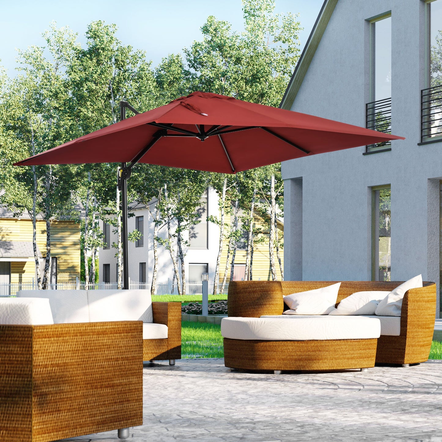8' x 8' Square Patio Hanging Offset Umbrella with 360° Rotation, Aluminum Outdoor Cantilever Parasol with Crank & Tilt, Sun Canopy Shelter with Cross Base, Wine Red