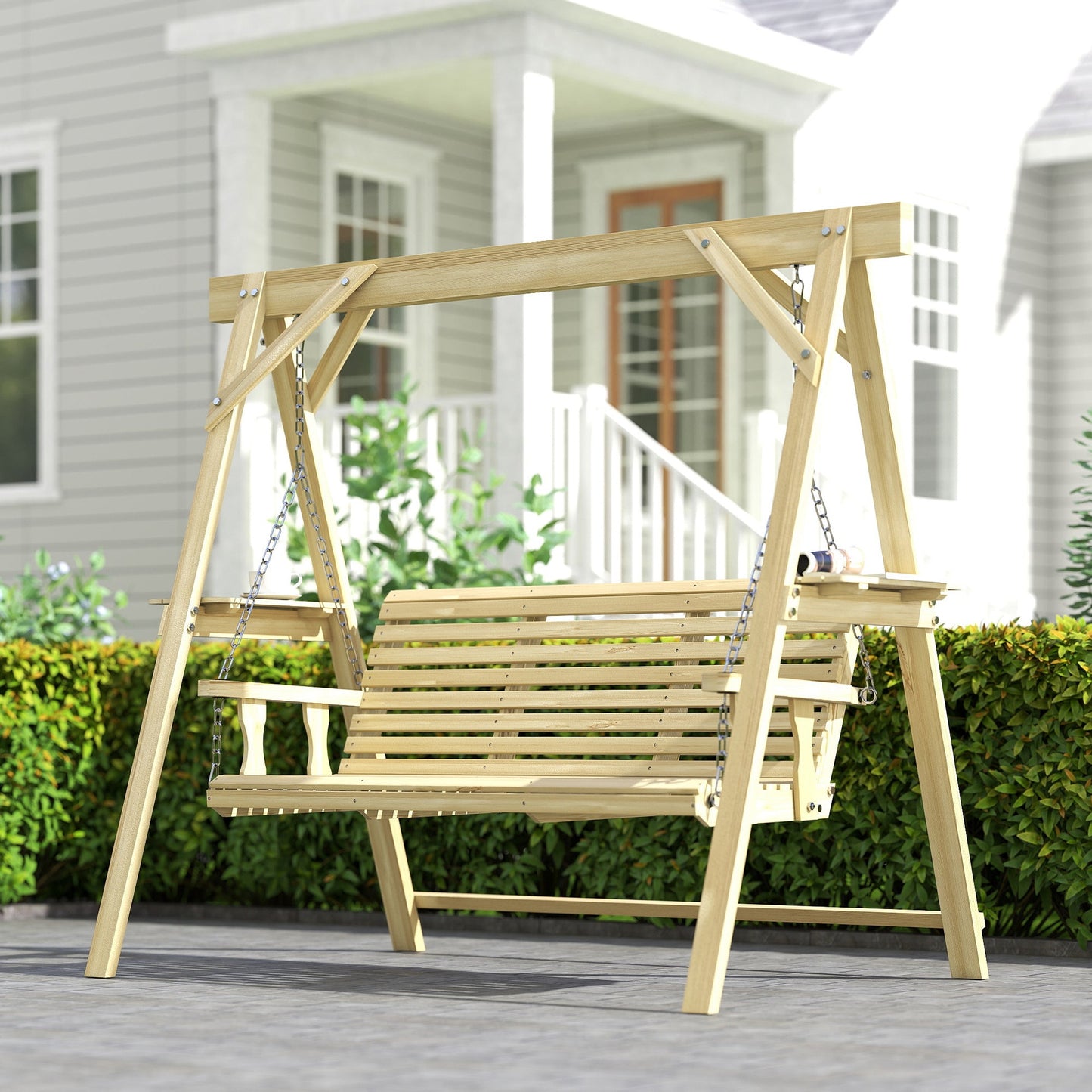 3 Seat Porch Swing with Stand, Wooden Patio Swing Chair with Side Tables and Metal Chains, Outdoor Swing Bench for Garden, Poolside, Backyard, Natural Wood