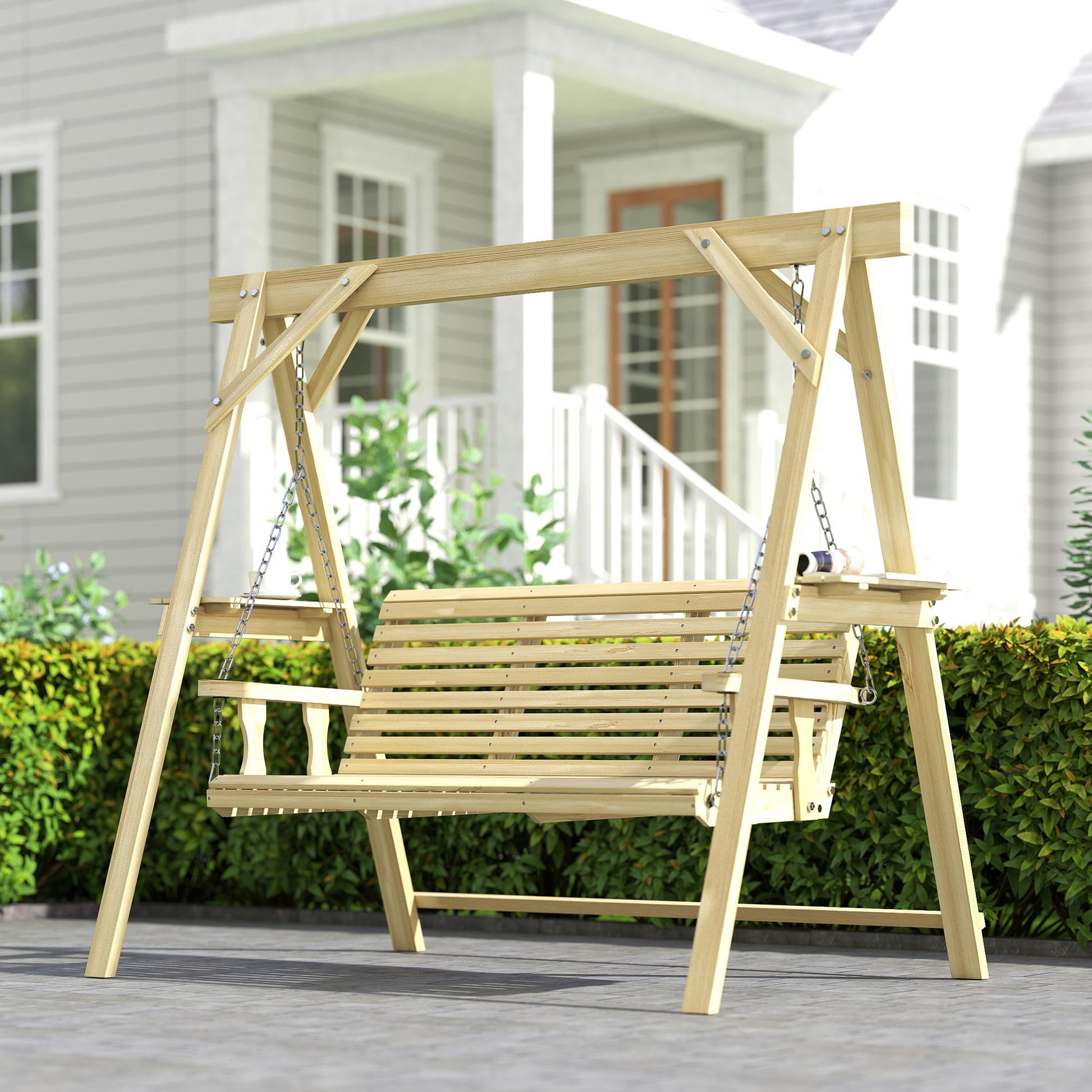 3 Seat Porch Swing with Stand, Wooden Patio Swing Chair with Side Tables and Metal Chains, Outdoor Swing Bench for Garden, Poolside, Backyard, Natural Wood