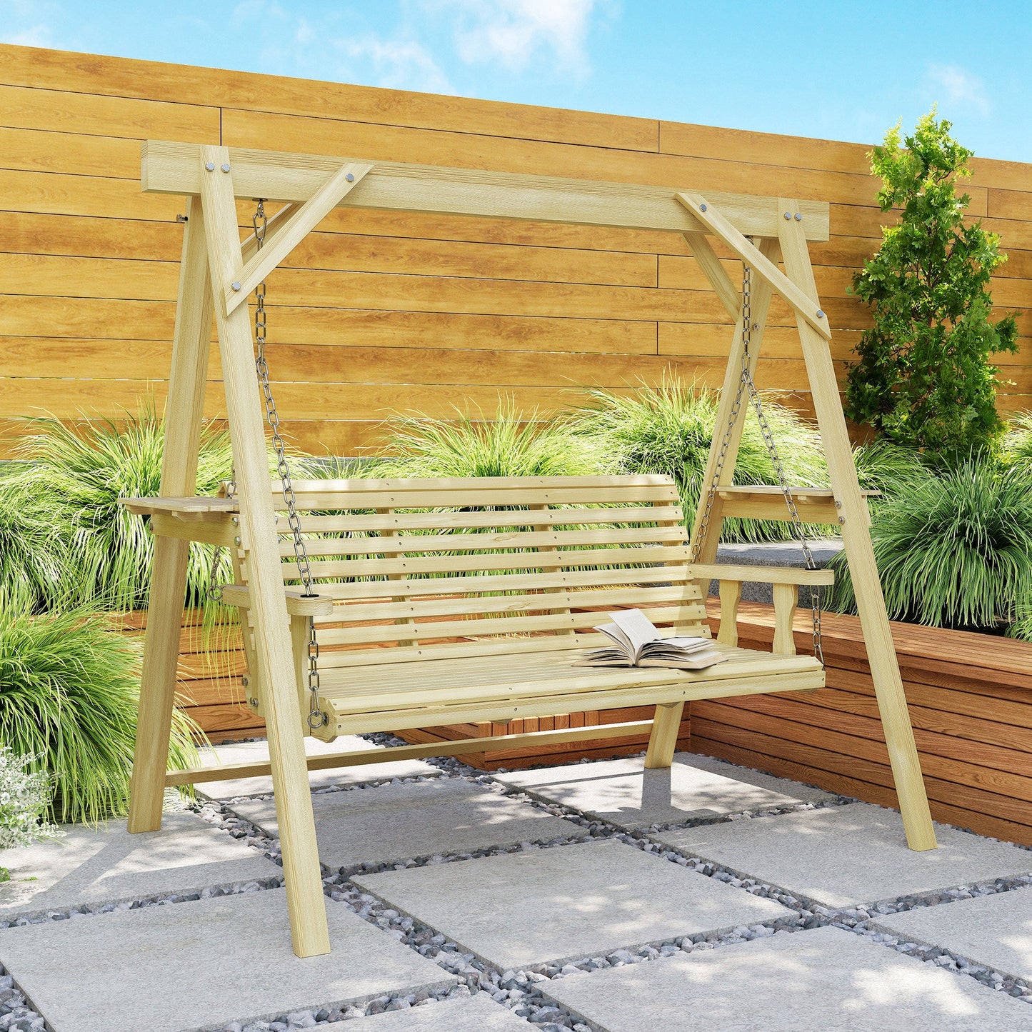 3 Seat Porch Swing with Stand, Wooden Patio Swing Chair with Side Tables and Metal Chains, Outdoor Swing Bench for Garden, Poolside, Backyard, Natural Wood